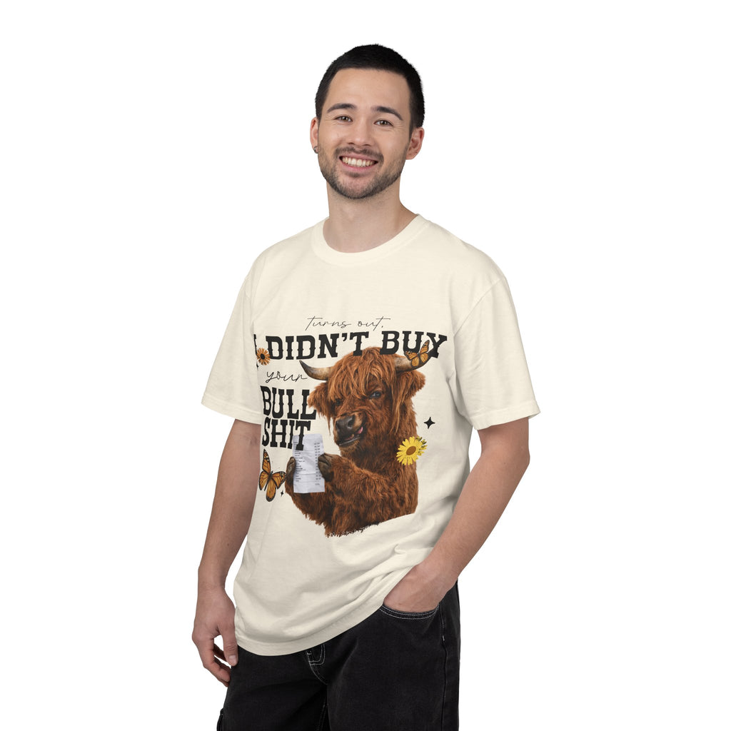 I Didn't Buy Bullshit T-Shirt – Highland Cow with Sunflower & Butterfly Graphic