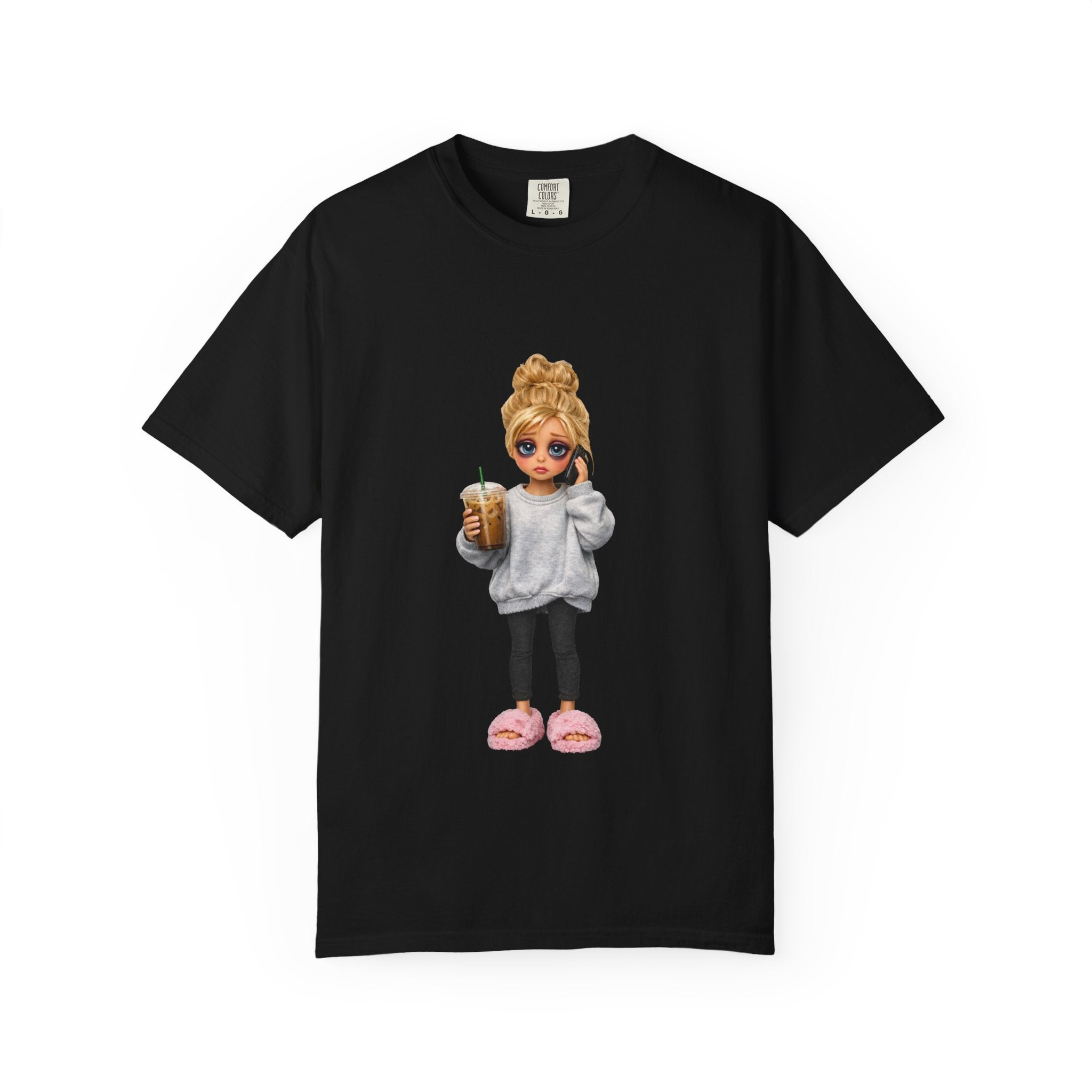 Cozy Morning Doll Graphic T-Shirt — Cute Girl in Slippers Coffee Tee
