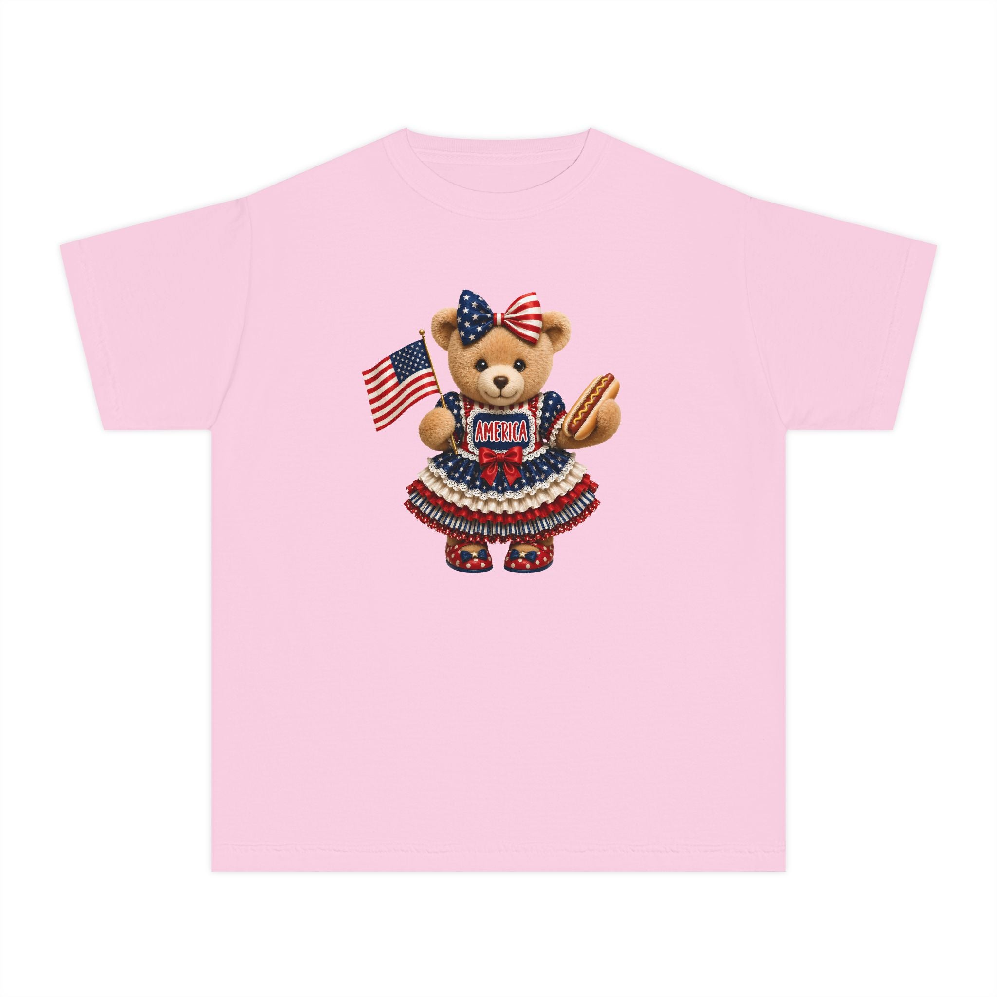 Youth Tee - Patriotic Bear Holding American Flag (4th of July Kids Shirt)