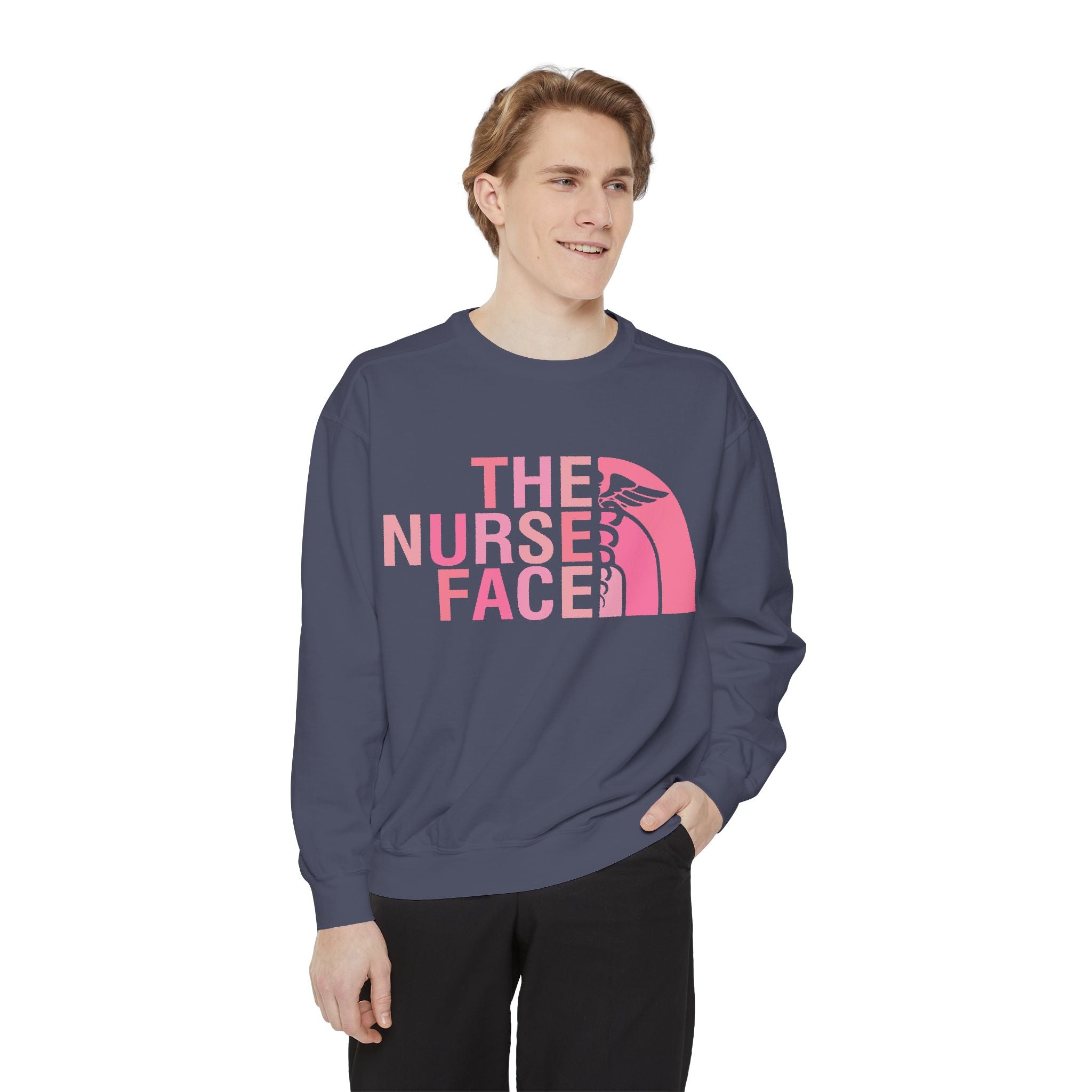 Nurse Face Sweatshirt — Pink Caduceus Retro Graphic Crewneck