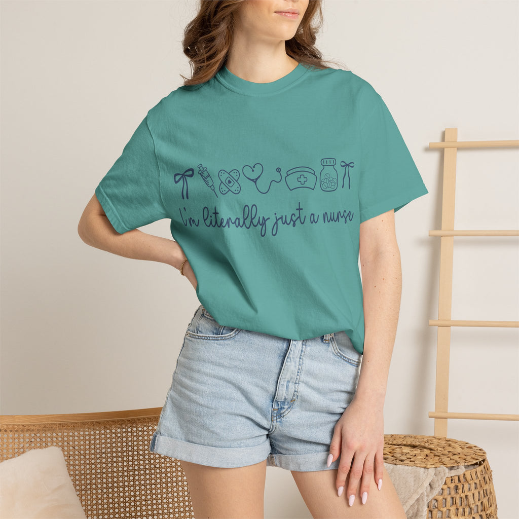 Nurse Crewneck T-Shirt — "I'm Literally Just a Nurse" Minimal Medical Icons Tee