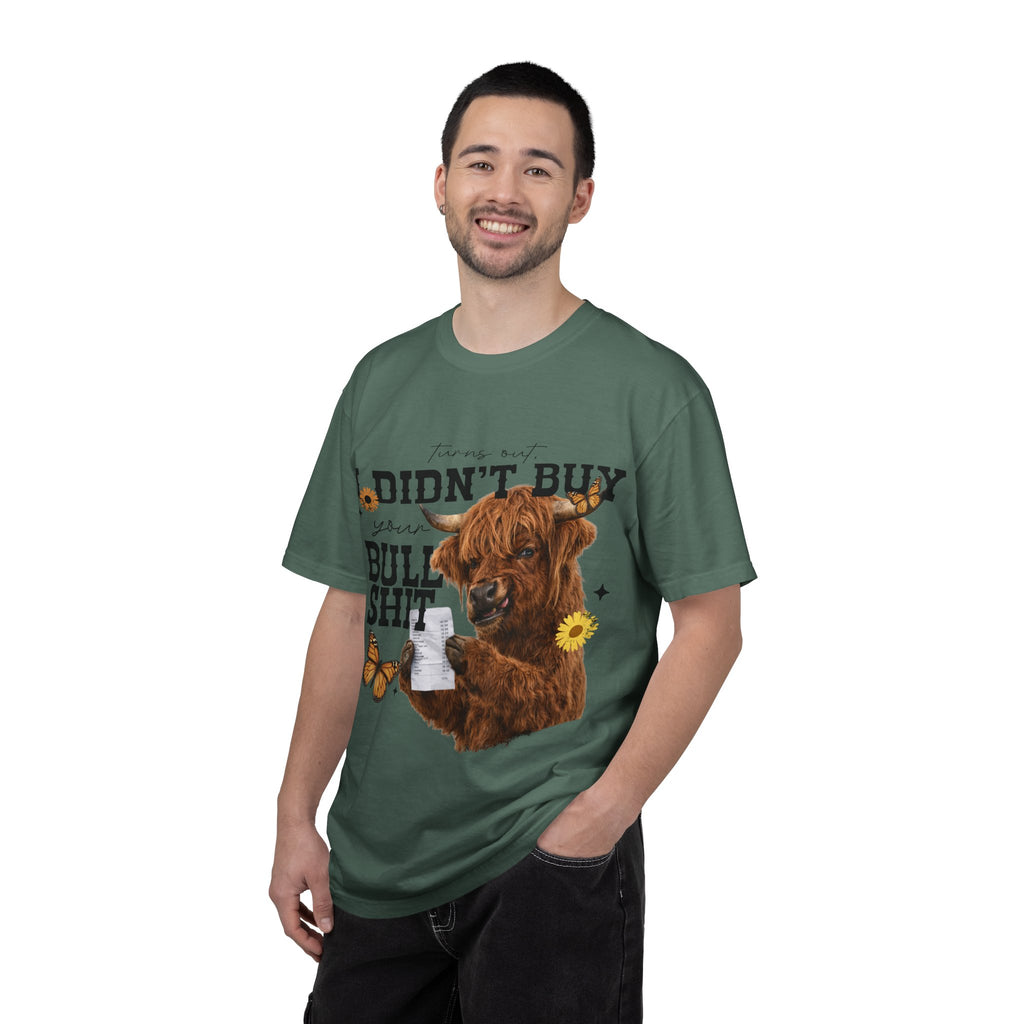 I Didn't Buy Bullshit T-Shirt – Highland Cow with Sunflower & Butterfly Graphic
