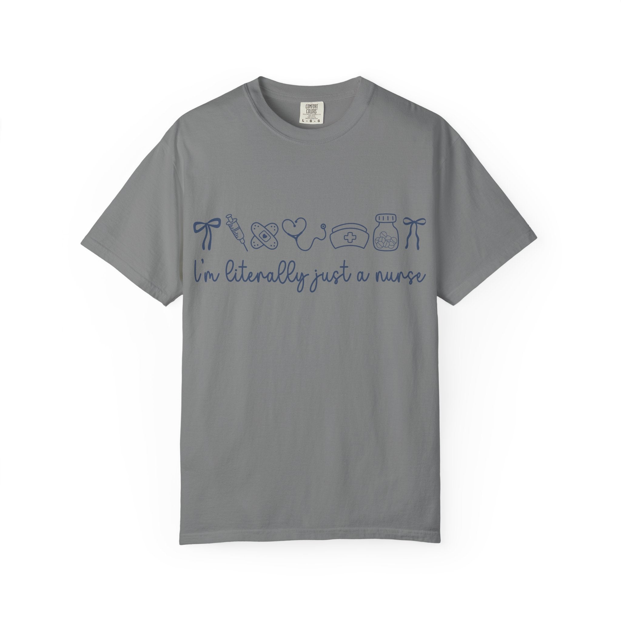 Nurse Crewneck T-Shirt — "I'm Literally Just a Nurse" Minimal Medical Icons Tee