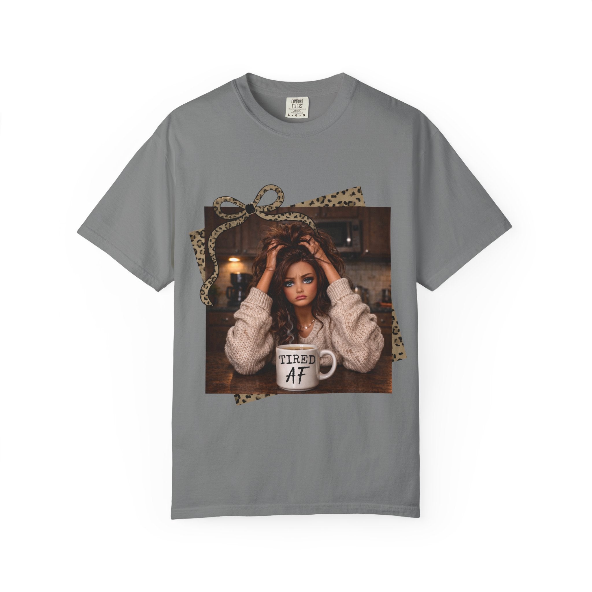 T-Shirt — 'Tired AF' Cozy Photo Tee (Leopard Accent)