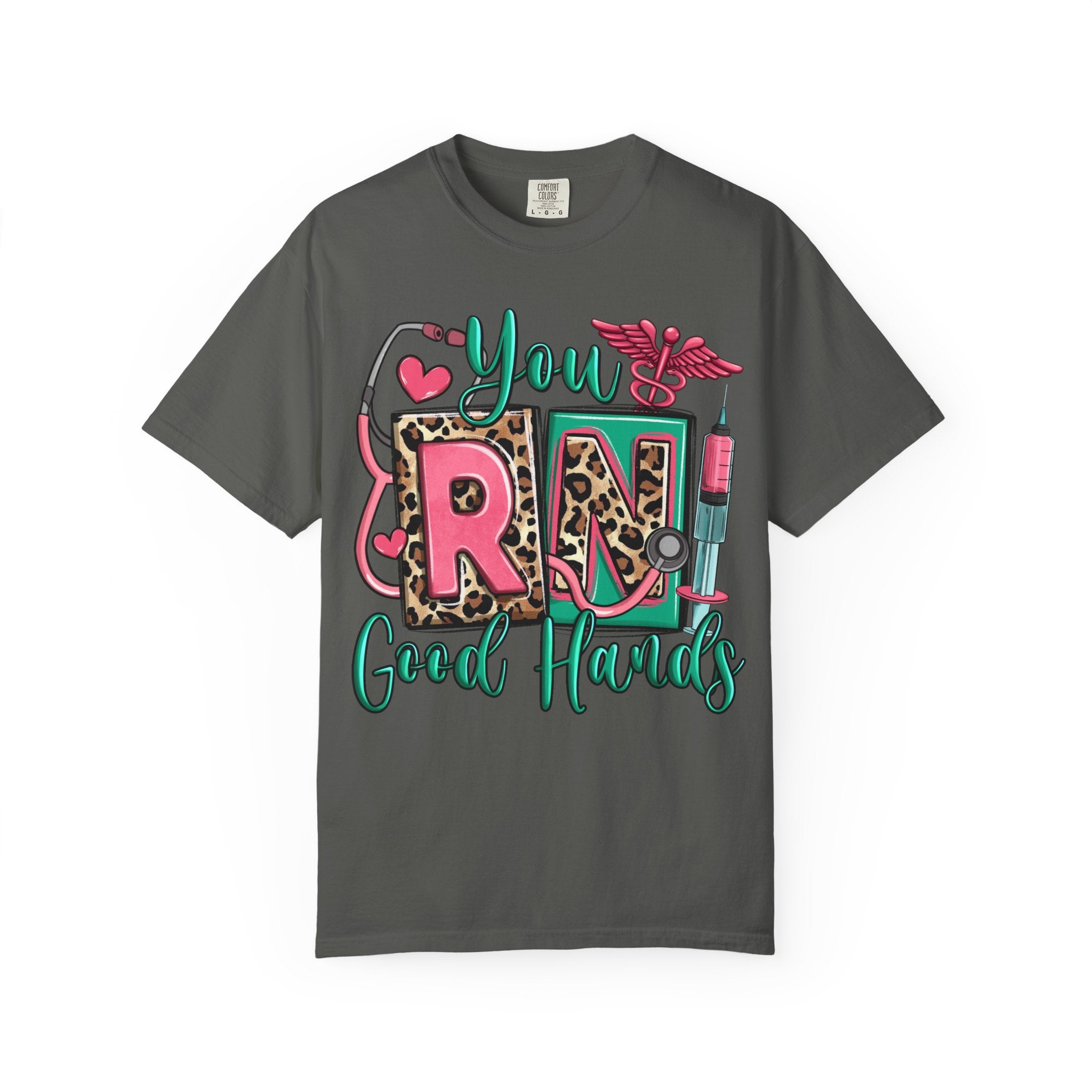 RN Good Hands T-Shirt — Cute Leopard Nurse Graphic Tee for Registered Nurses