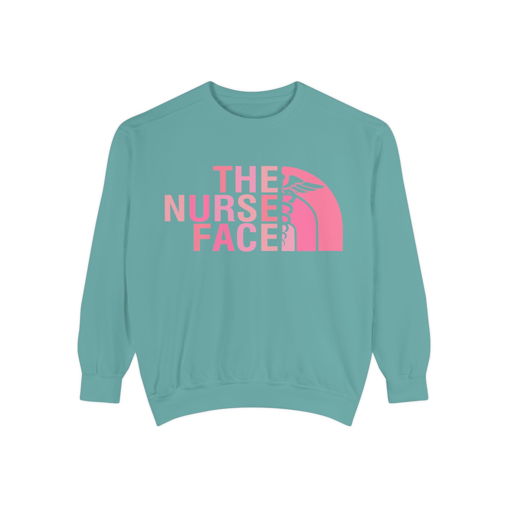 Nurse Face Sweatshirt — Pink Caduceus Retro Graphic Crewneck