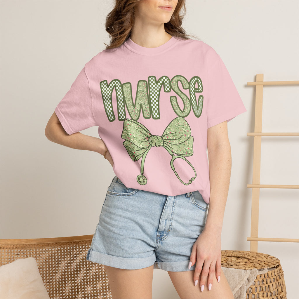 Nurse Bow Stethoscope T-Shirt — Cute Green Nurse Graphic Tee