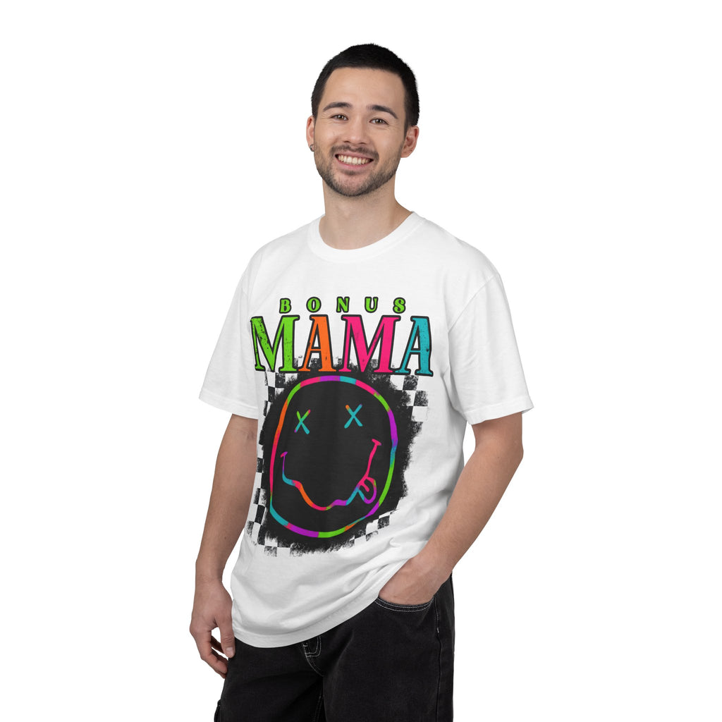 Bonus Mama Graphic T-Shirt — Neon Smiley Checkerboard Retro Tee