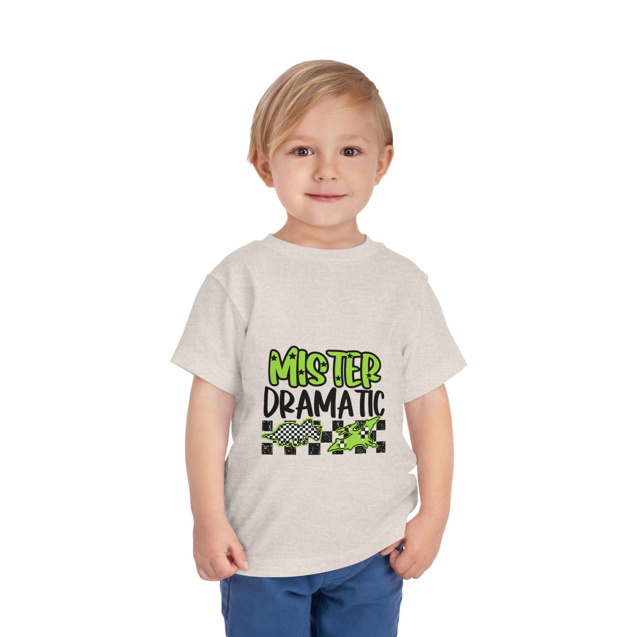 Toddler Tee — "Mister Dramatic" Neon Green Check Dinosaur Shirt