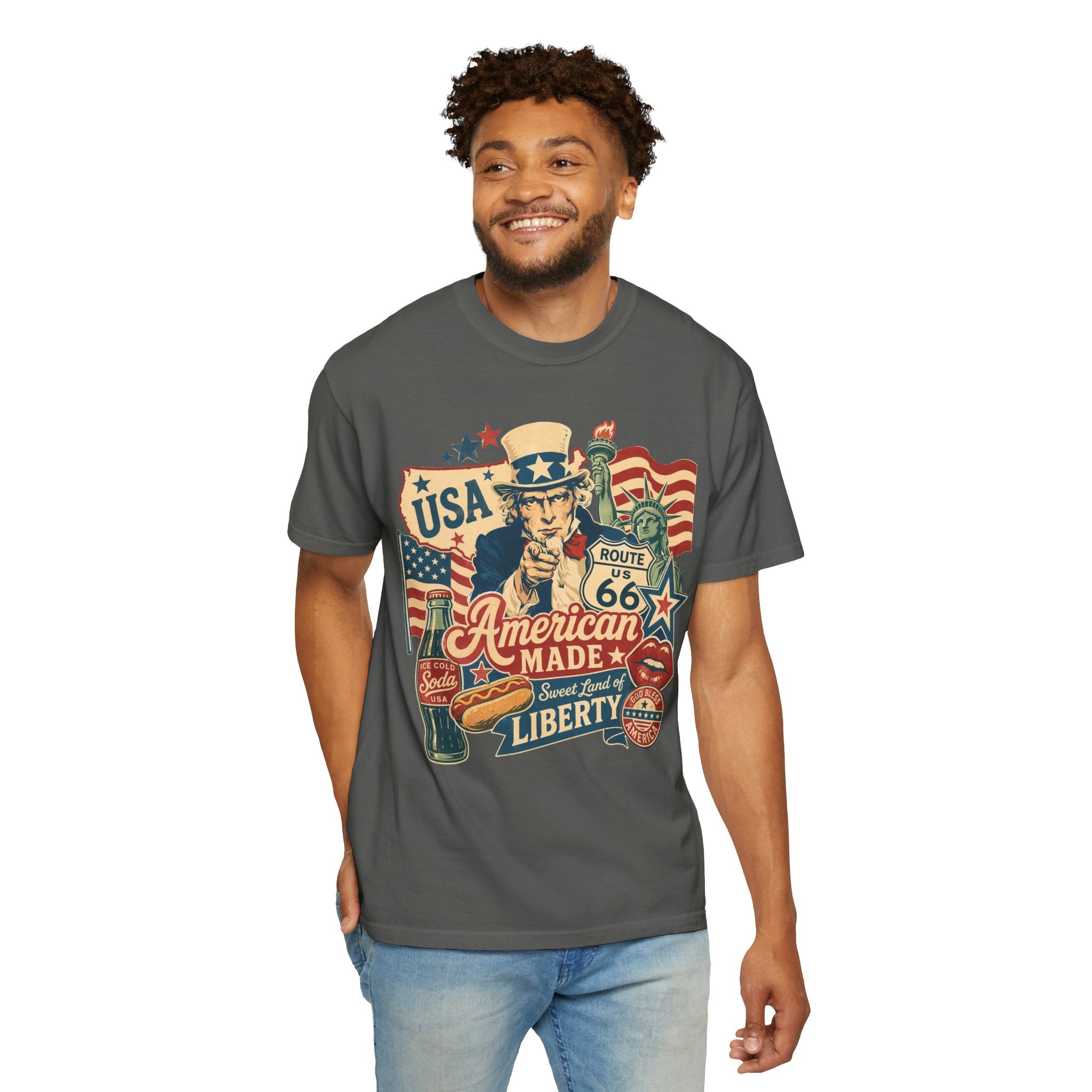 American Made Liberty T-Shirt — Vintage Uncle Sam Route 66 USA Graphic