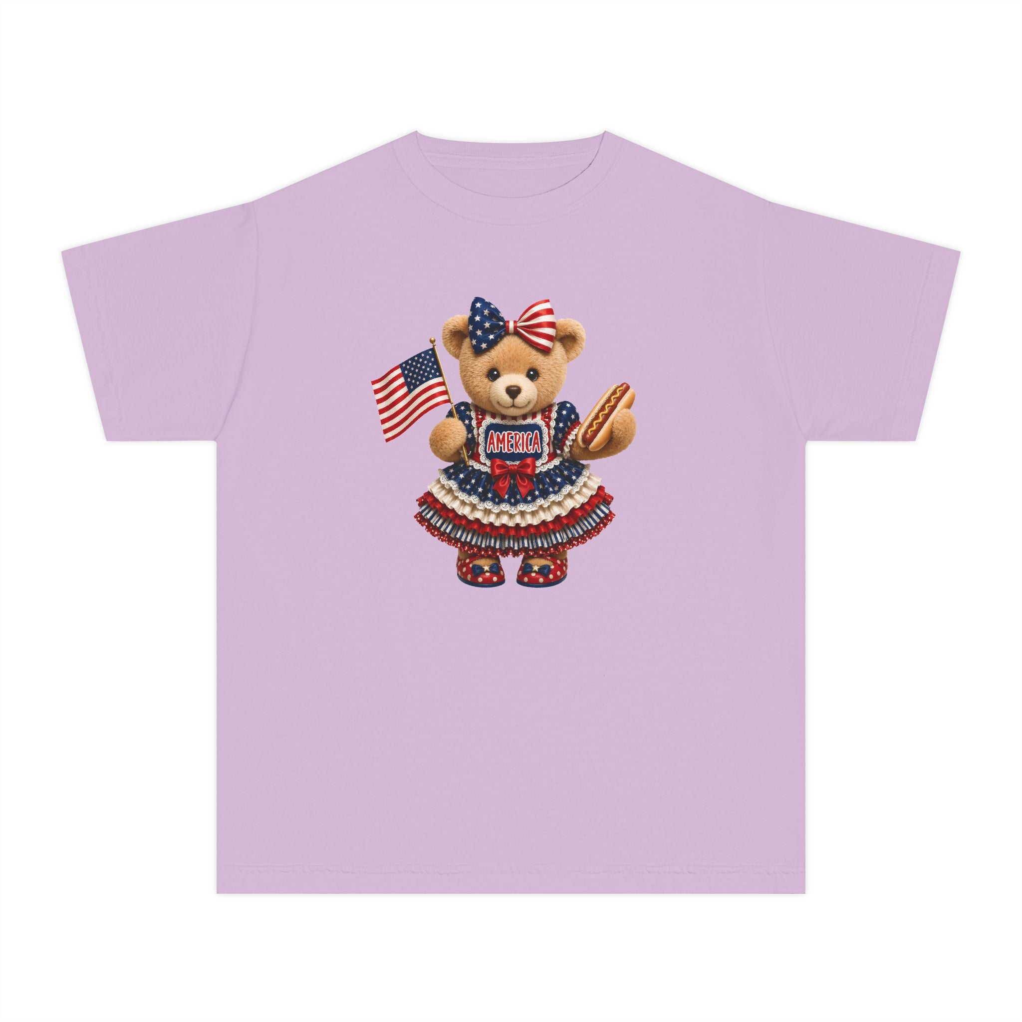 Youth Tee - Patriotic Bear Holding American Flag (4th of July Kids Shirt)