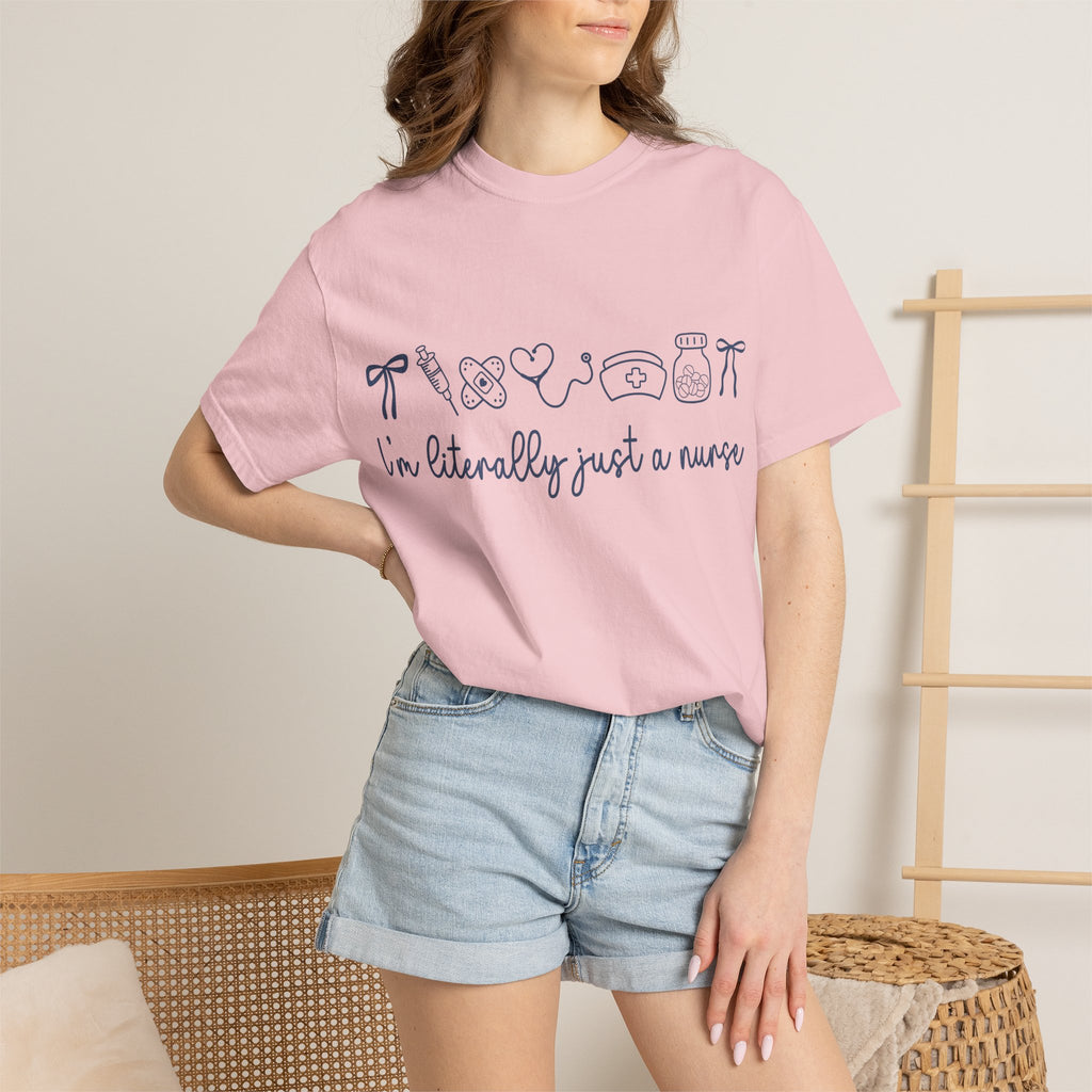 Nurse Crewneck T-Shirt — "I'm Literally Just a Nurse" Minimal Medical Icons Tee
