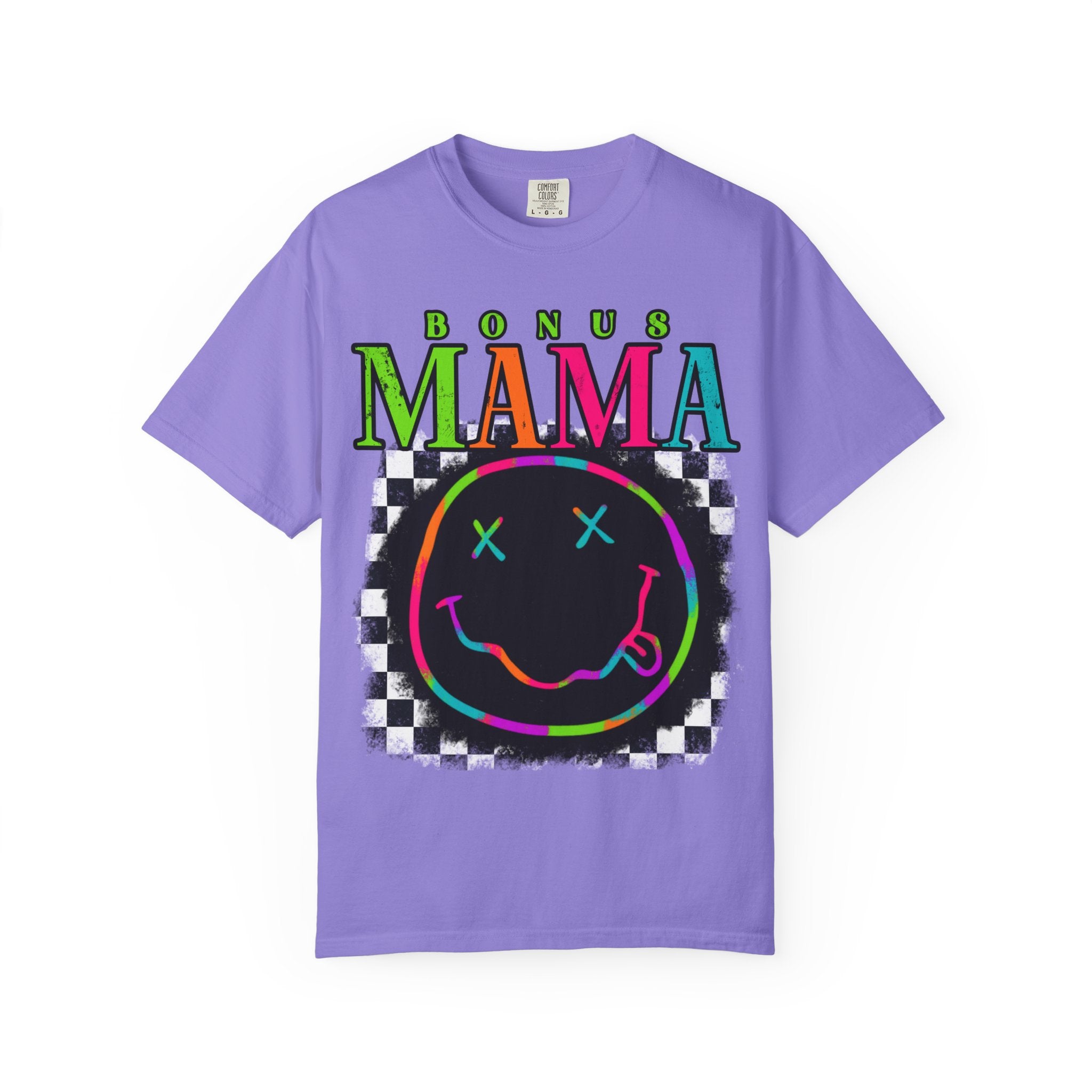Bonus Mama Graphic T-Shirt — Neon Smiley Checkerboard Retro Tee