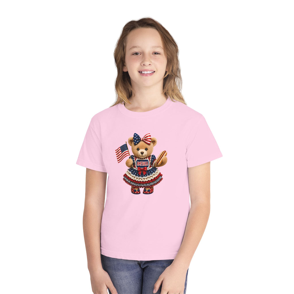 Youth Tee - Patriotic Bear Holding American Flag (4th of July Kids Shirt)