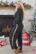 Carbon Grey Twisted Rib Texture Leopard Patchwork Detail 2pcs Pant Set