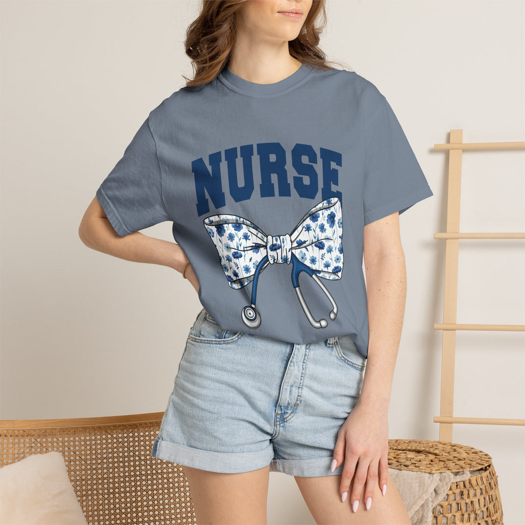 Nurse Bow Tie T‑Shirt – Floral Stethoscope Graphic Tee for Nurses