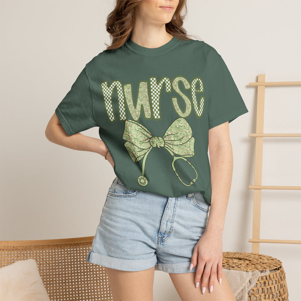 Nurse Bow Stethoscope T-Shirt — Cute Green Nurse Graphic Tee