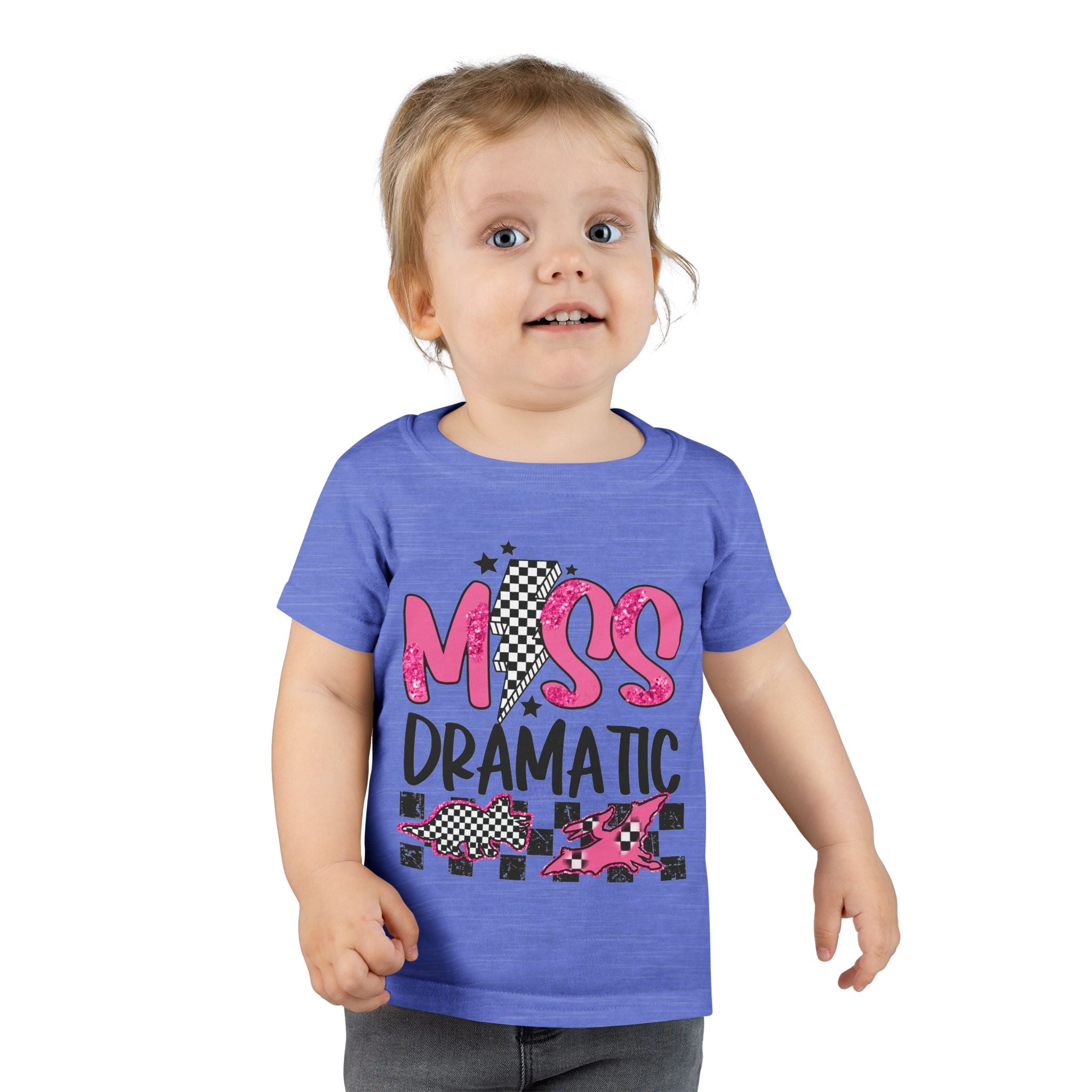 Toddler T-Shirt - "Miss Dramatic" Pink Checkered Dino Graphic