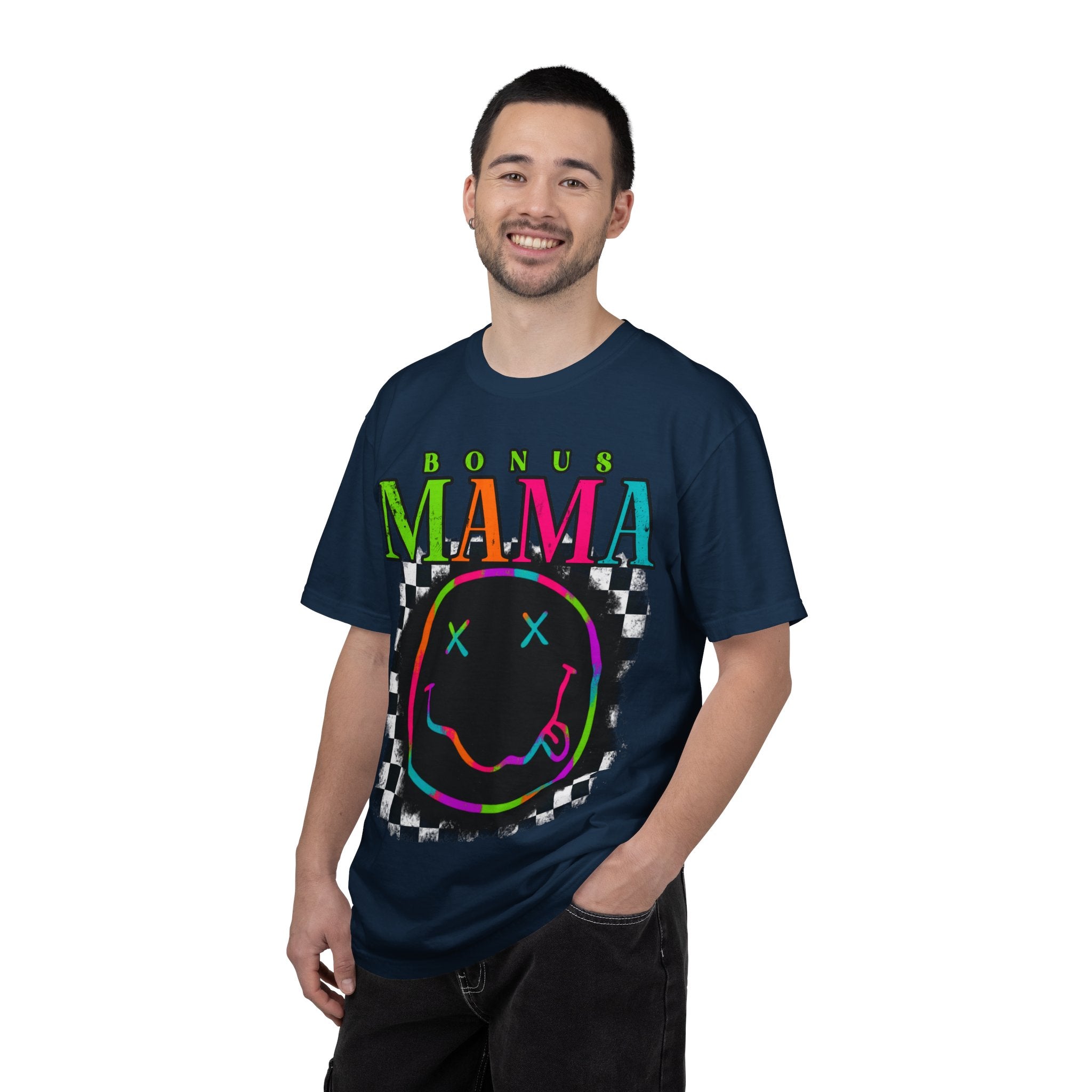 Bonus Mama Graphic T-Shirt — Neon Smiley Checkerboard Retro Tee