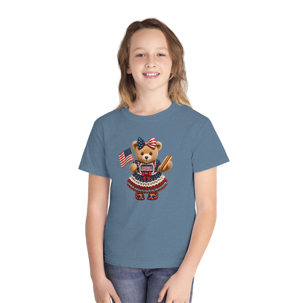 Youth Tee - Patriotic Bear Holding American Flag (4th of July Kids Shirt)