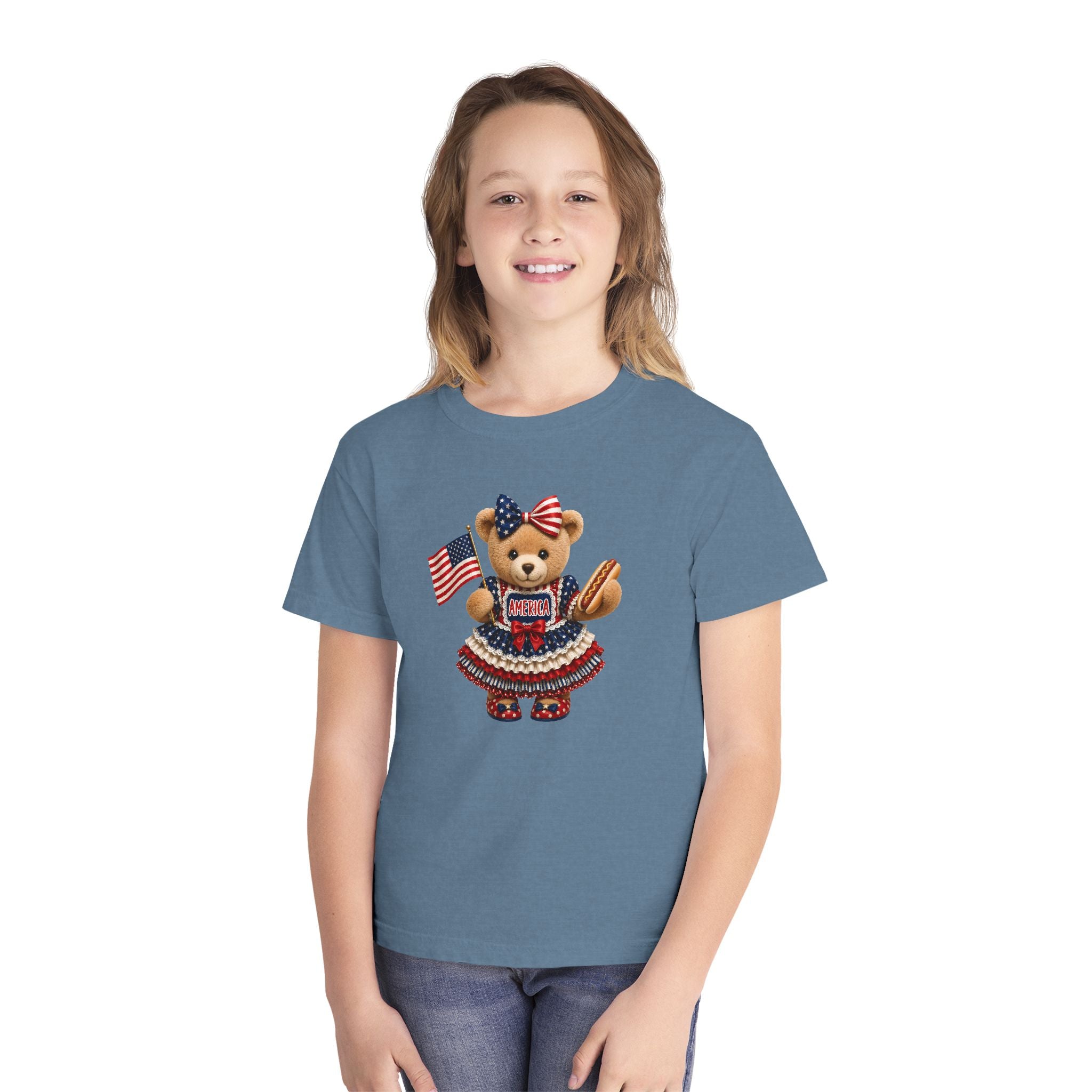 Youth Tee - Patriotic Bear Holding American Flag (4th of July Kids Shirt)