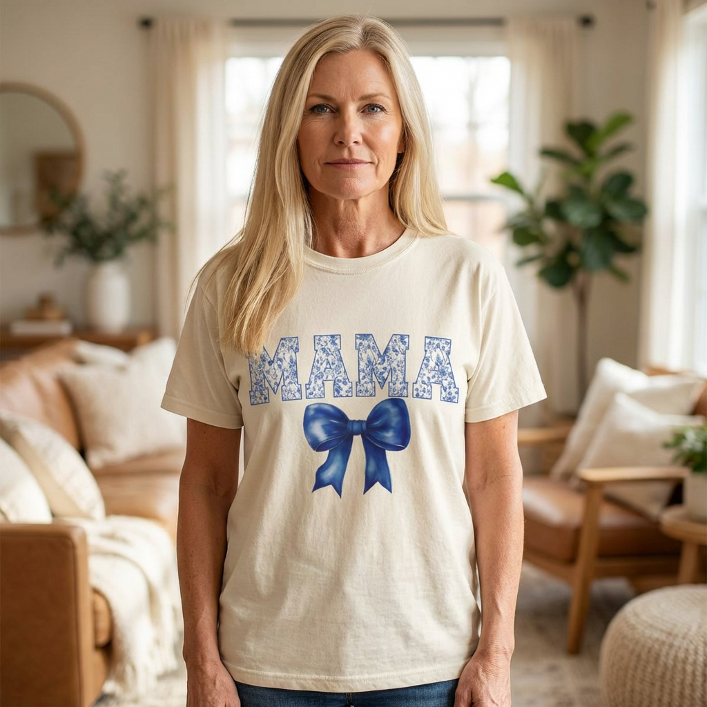 Mama Floral-Pattern T-Shirt with Blue Bow — Mother's Day Gift Tee