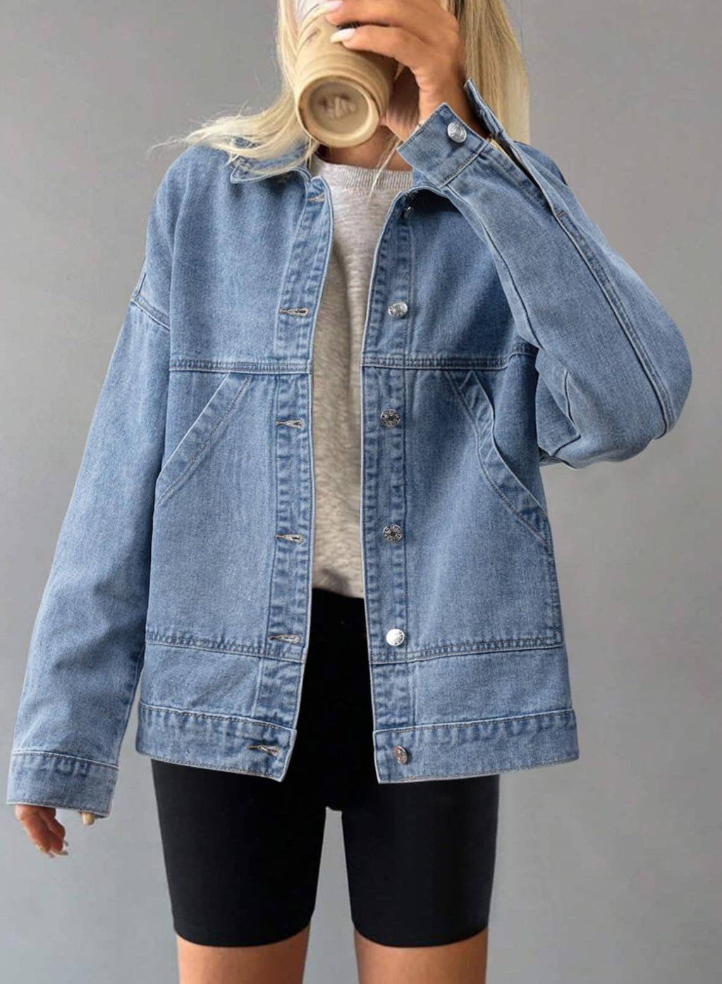 Retro loose Pocket polo neck Denim Jacket: Light blue / M