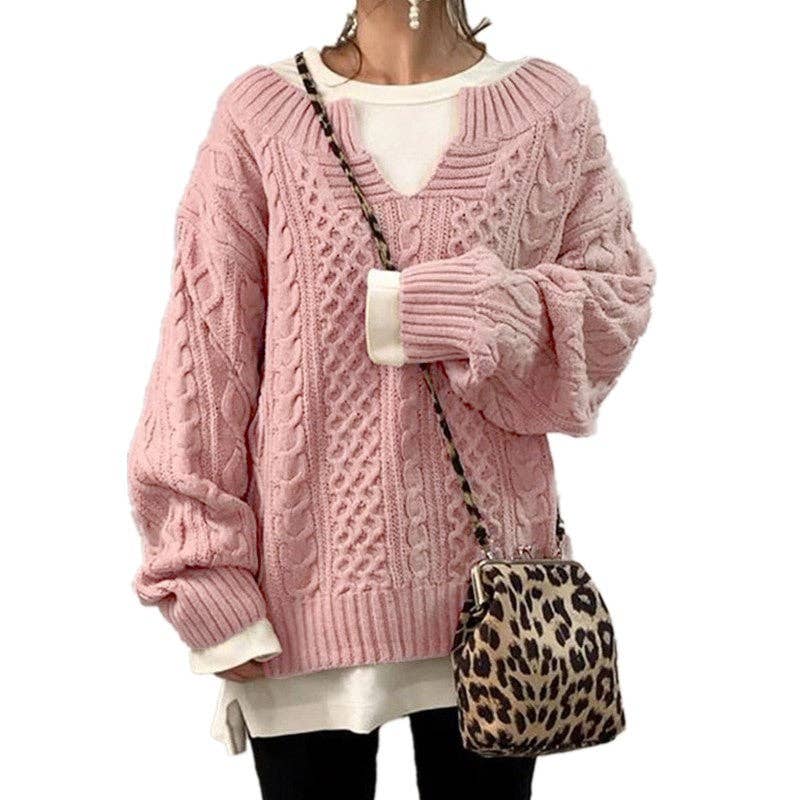 Women Cable Knit Sweater Casual Ribbed Pattern Knit Top: Black / L
