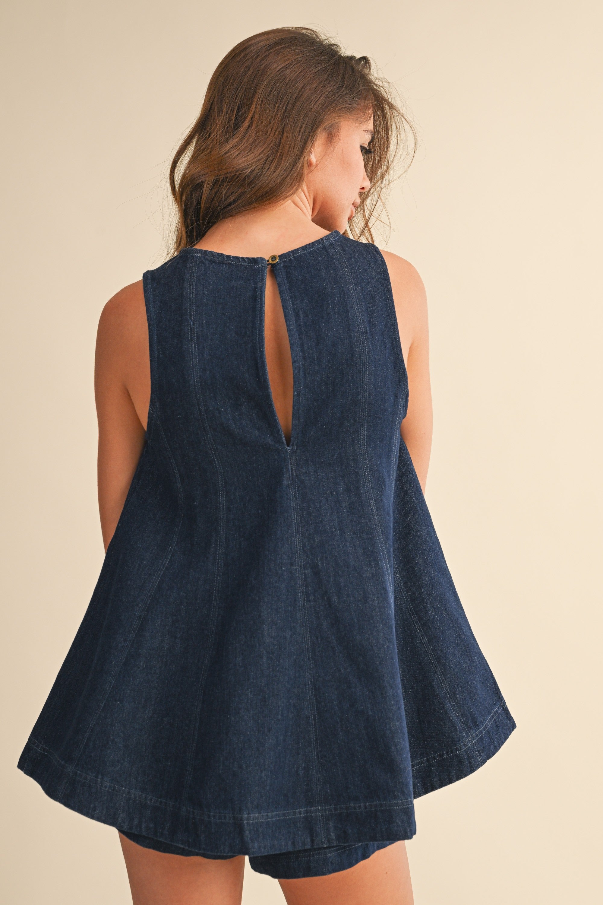 Dark Denim Longline Sleeveless Top And Shorts Set