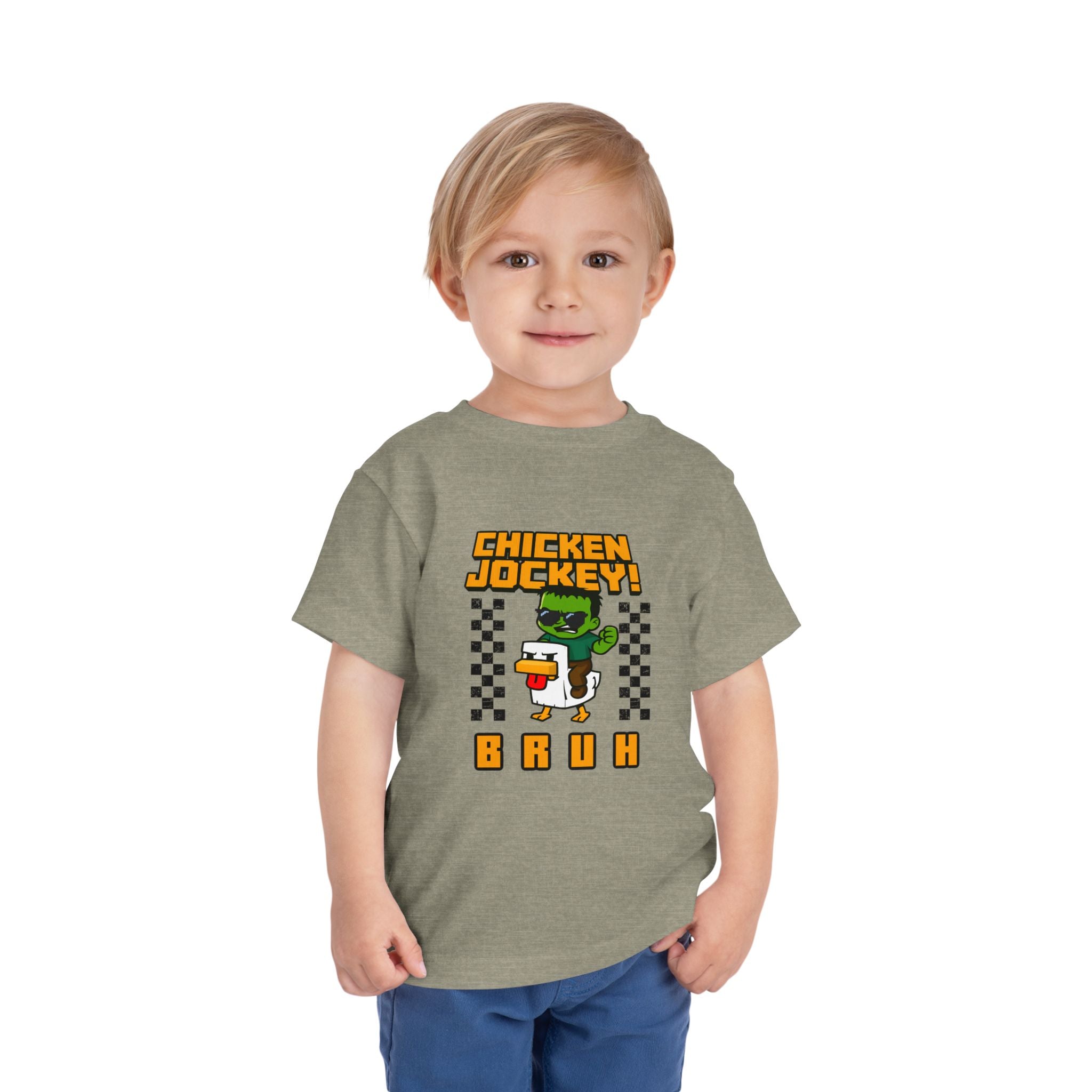 Toddler Tee — "Chicken Jockey! Bruh" Cartoon Racer Chicken Kids Shirt
