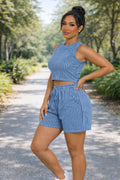 Blue 2pc Stripes Crinkle Textured Shorts Set