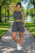 Black/White 2pc Stripes Crinkle Textured Shorts Set
