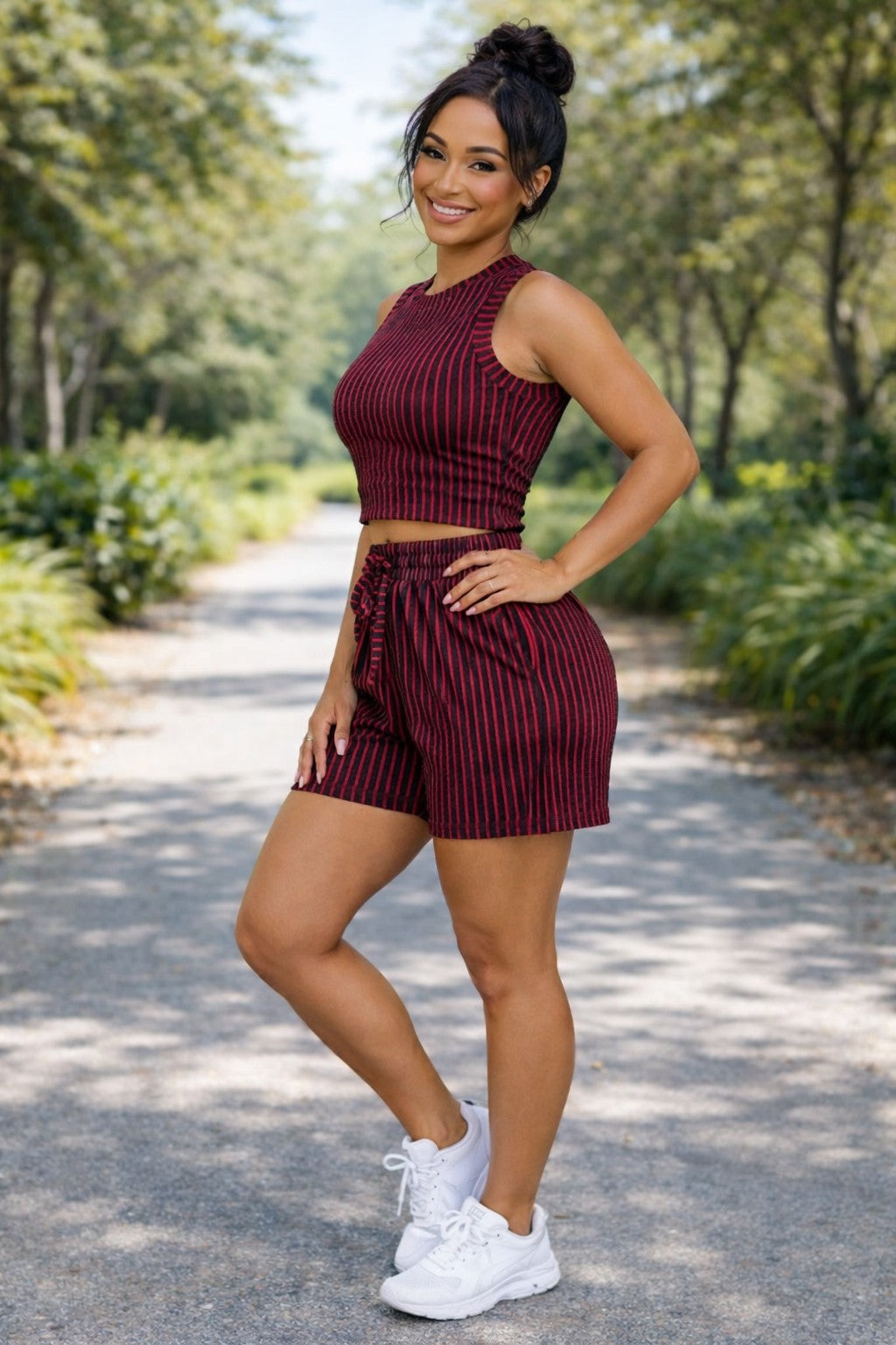 Black/Red 2pc Stripes Crinkle Textured Shorts Set