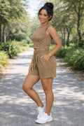 Beige 2pc Stripes Crinkle Textured Shorts Set