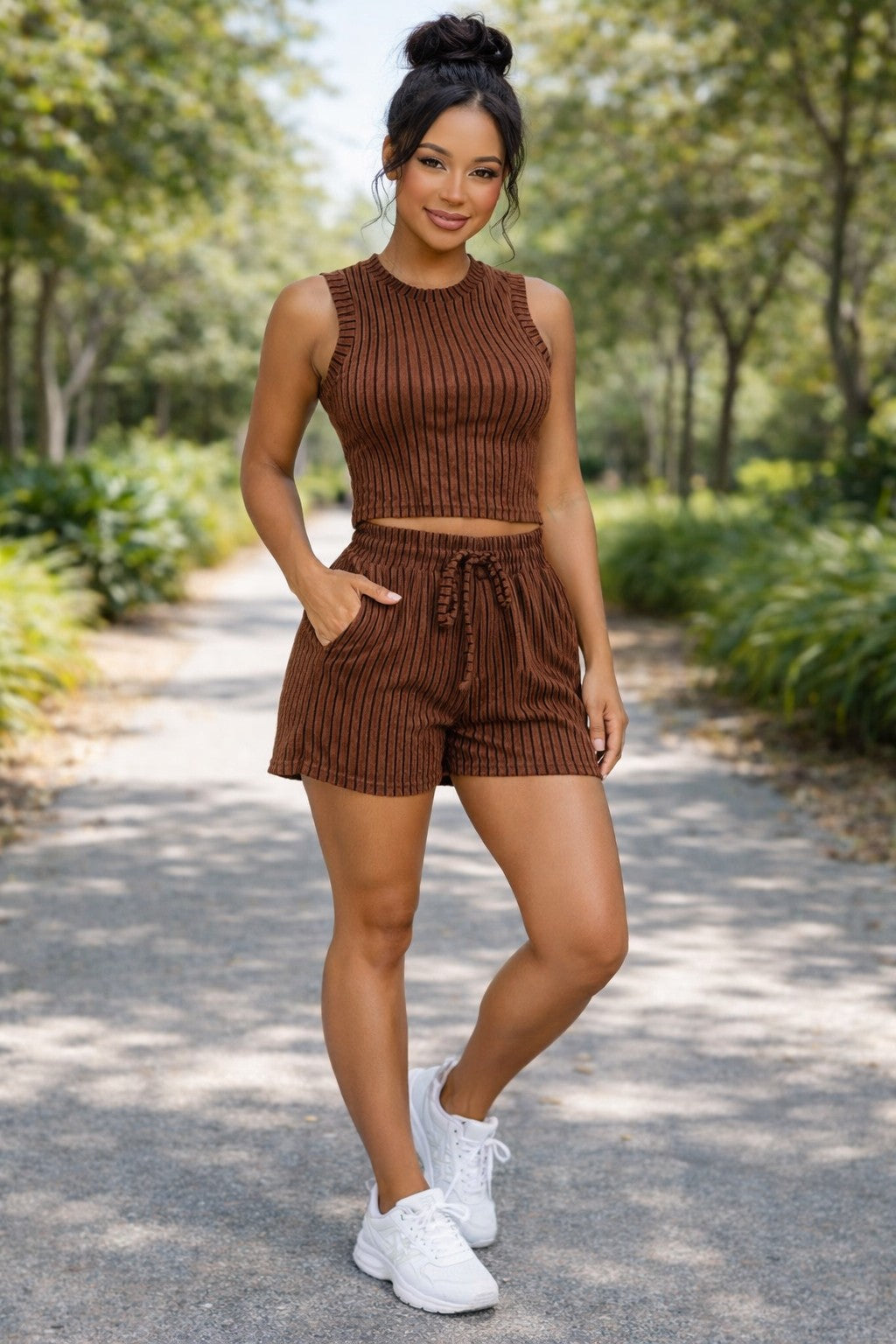 Mocha 2pc Stripes Crinkle Textured Shorts Set