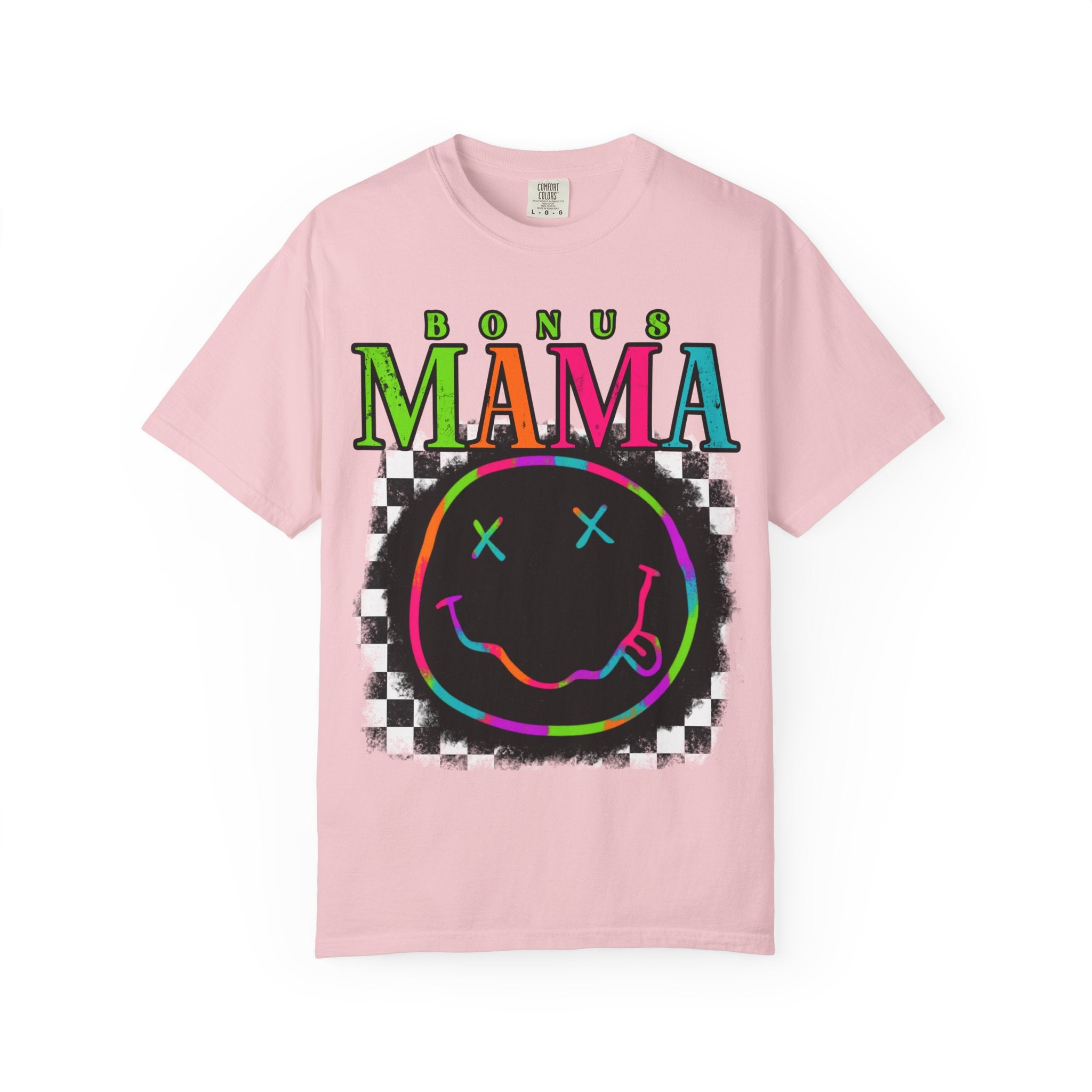 Bonus Mama Graphic T-Shirt — Neon Smiley Checkerboard Retro Tee