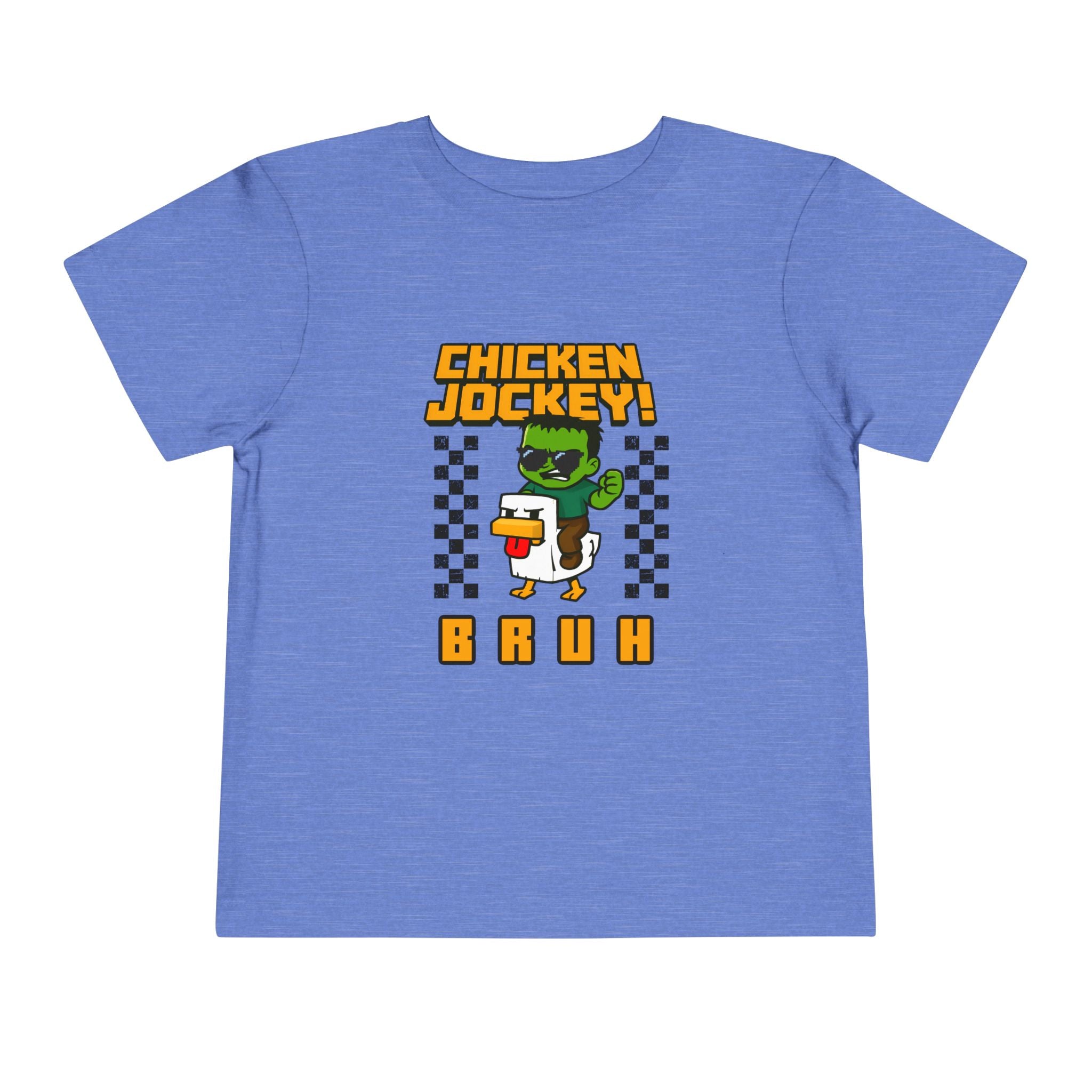 Toddler Tee — "Chicken Jockey! Bruh" Cartoon Racer Chicken Kids Shirt