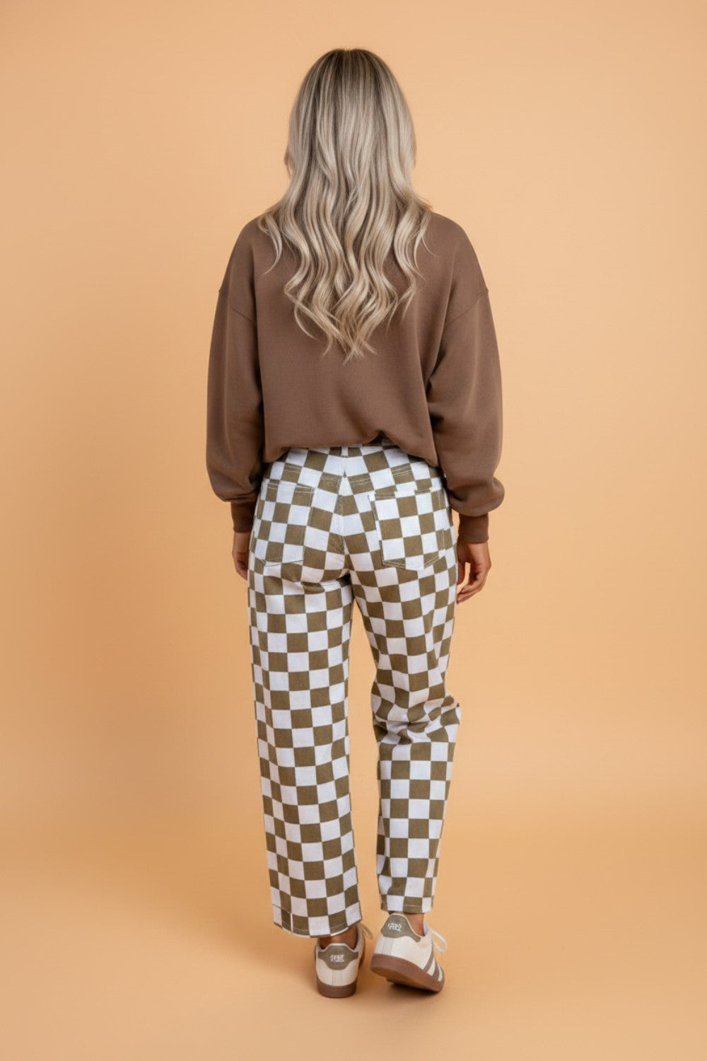 Checker Denim Barrel Leg Pants