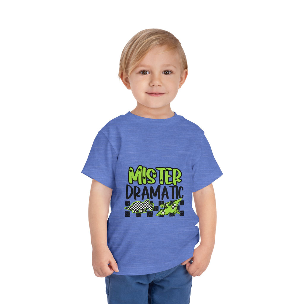 Toddler Tee — "Mister Dramatic" Neon Green Check Dinosaur Shirt