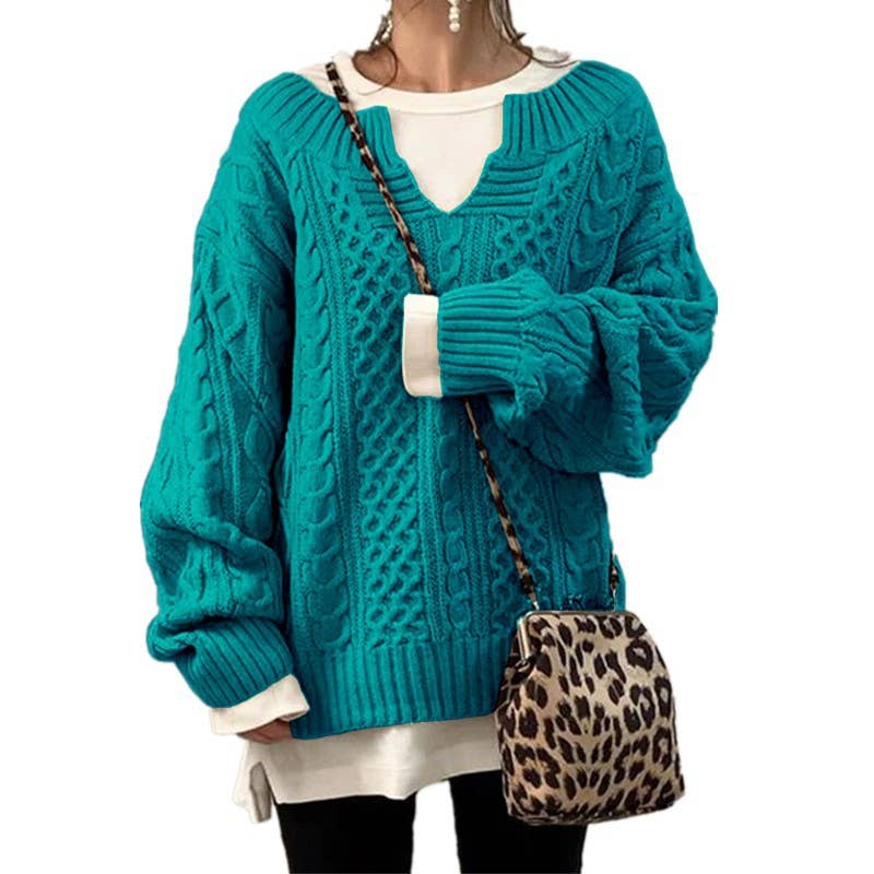 Women Cable Knit Sweater Casual Ribbed Pattern Knit Top: Black / L
