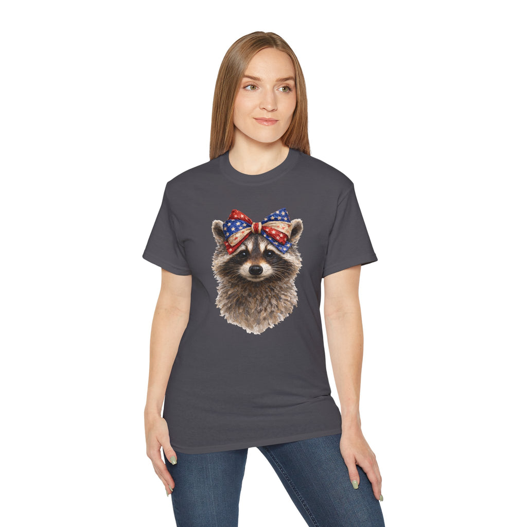 Raccoon with American Flag Bow Tee