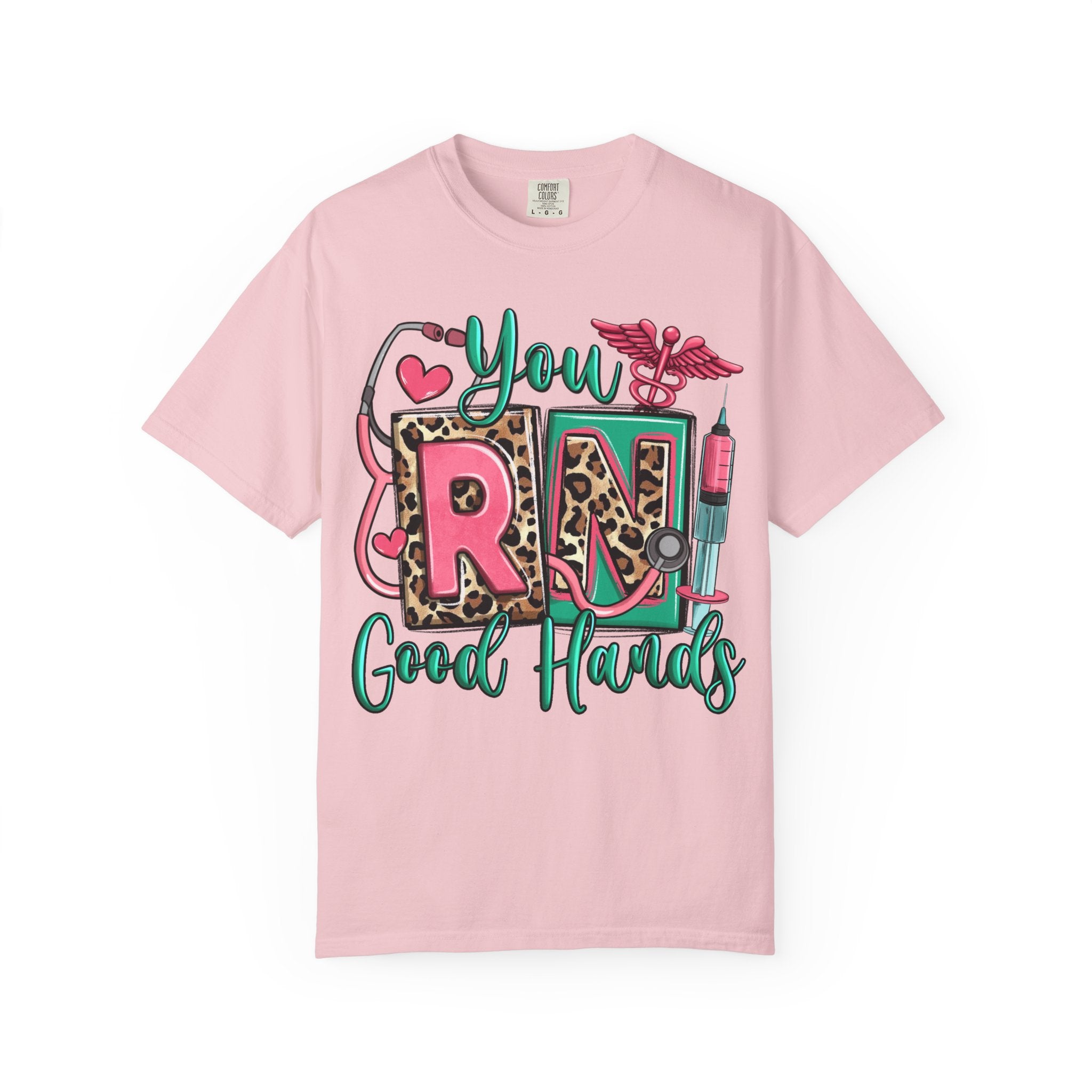 RN Good Hands T-Shirt — Cute Leopard Nurse Graphic Tee for Registered Nurses