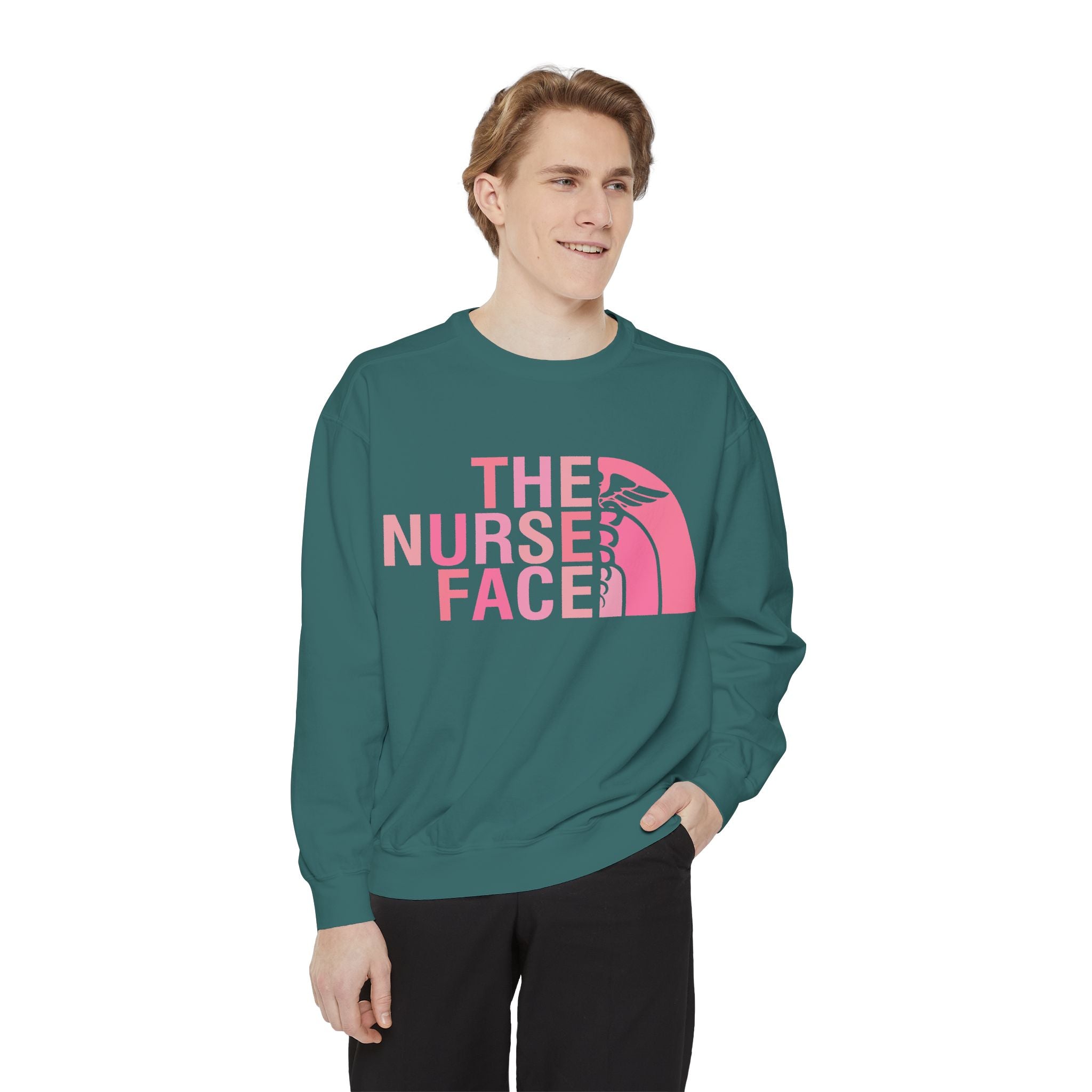 Nurse Face Sweatshirt — Pink Caduceus Retro Graphic Crewneck