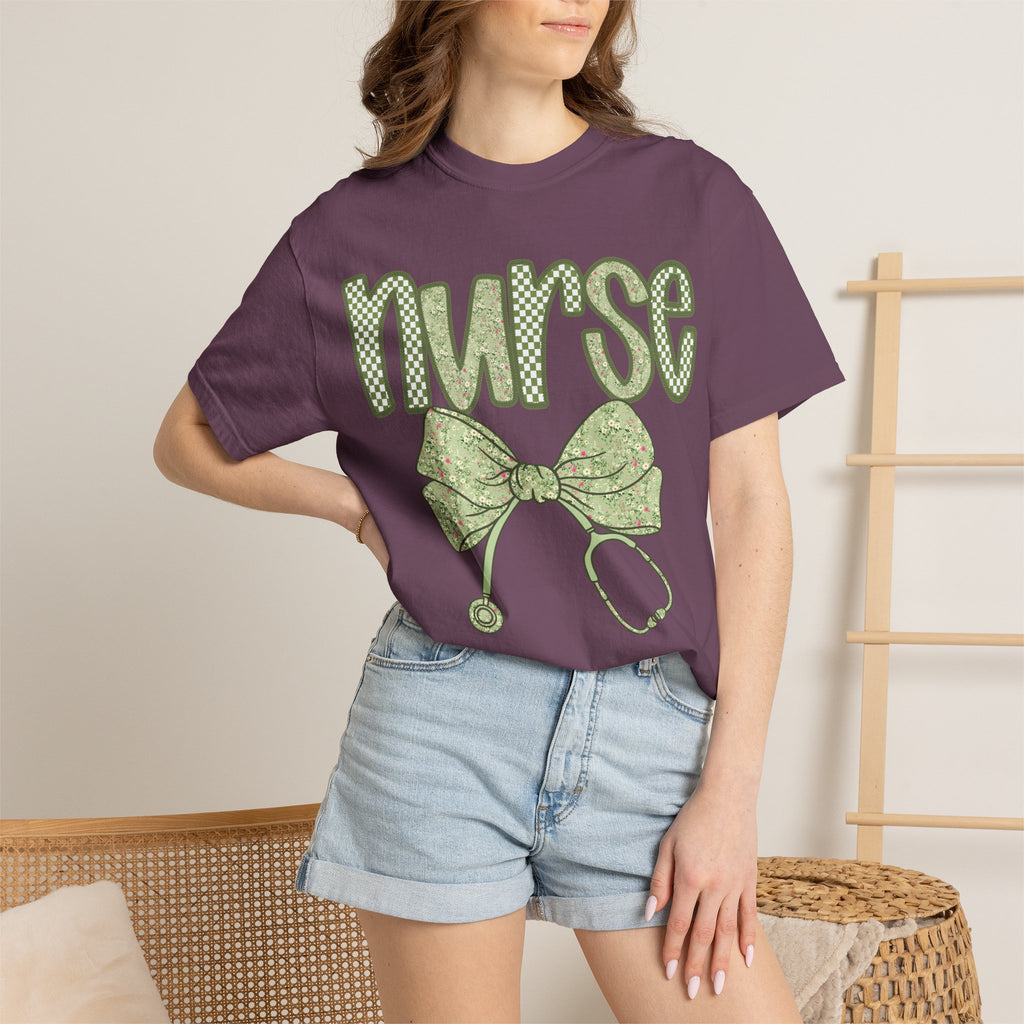Nurse Bow Stethoscope T-Shirt — Cute Green Nurse Graphic Tee