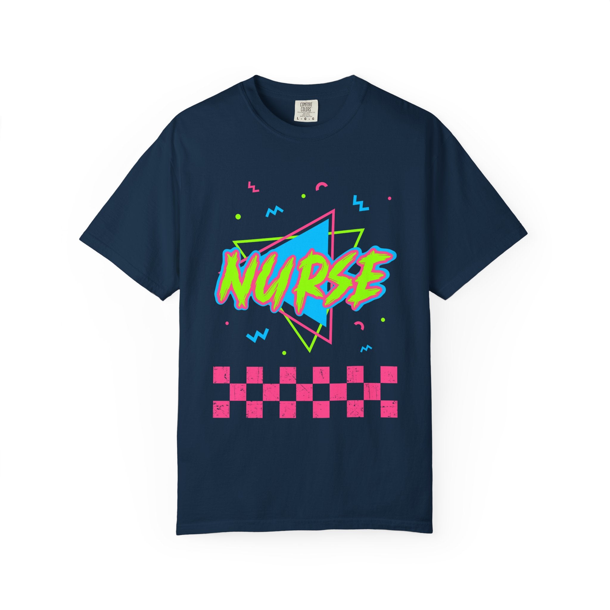 Nurse Retro 90s Graphic T-Shirt — Neon Checkerboard Medical Tee