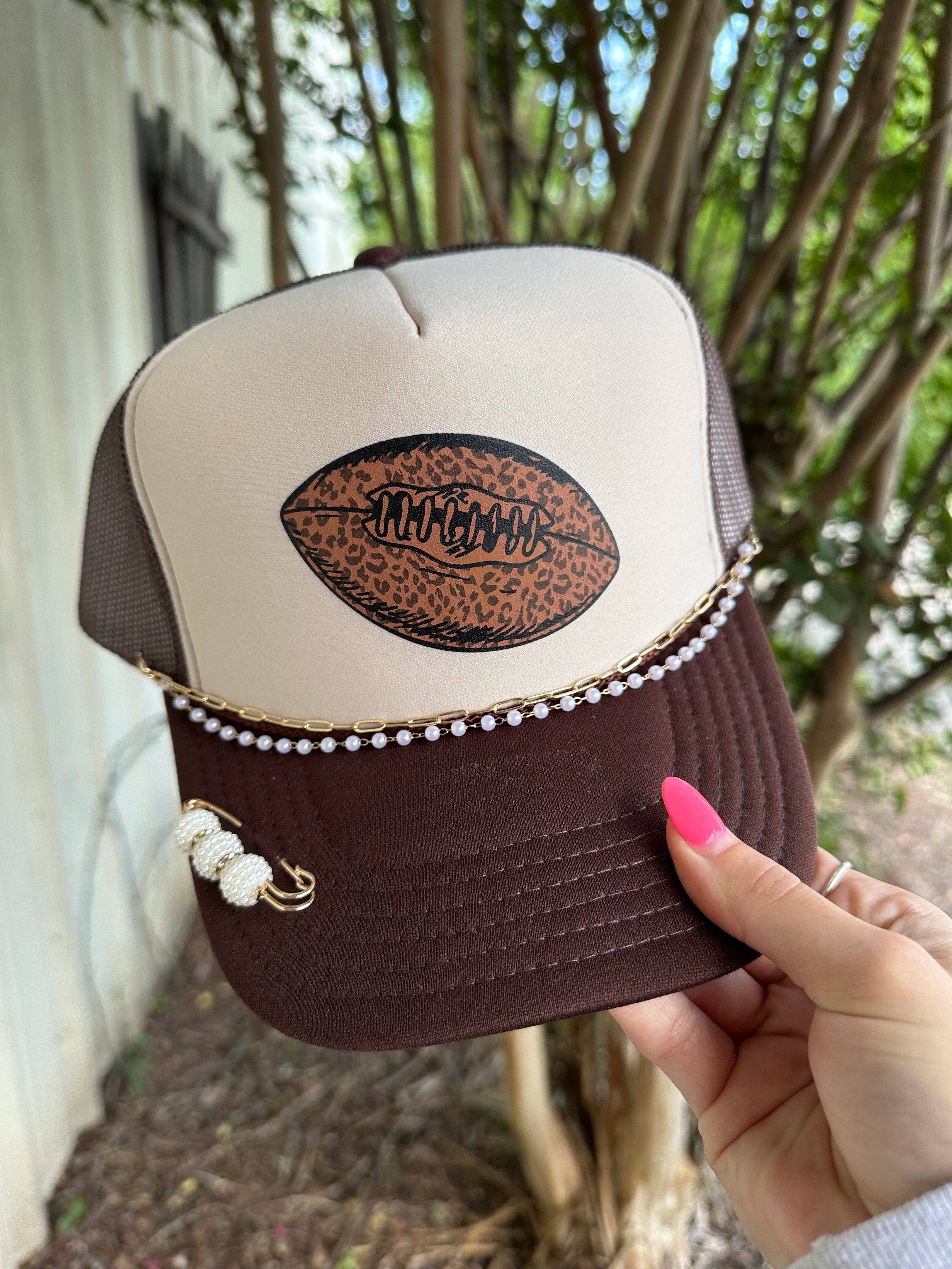 Leopard Football Tan & Brown Trucker Hat: WITH CHAIN & PIN