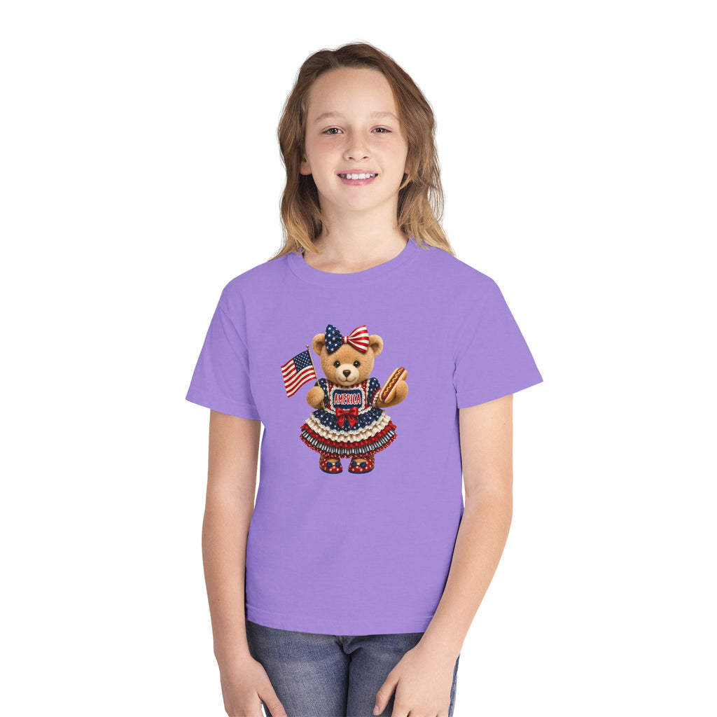 Youth Tee - Patriotic Bear Holding American Flag (4th of July Kids Shirt)