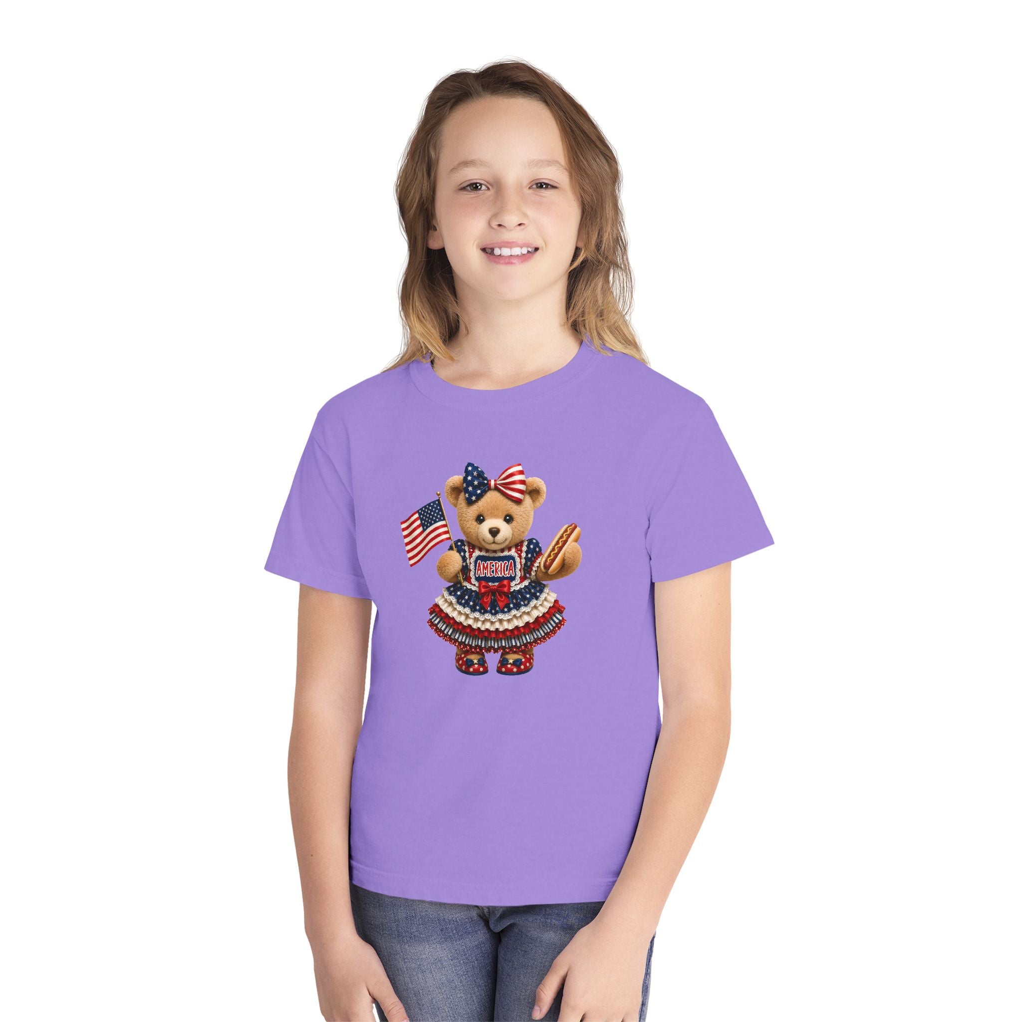 Youth Tee - Patriotic Bear Holding American Flag (4th of July Kids Shirt)
