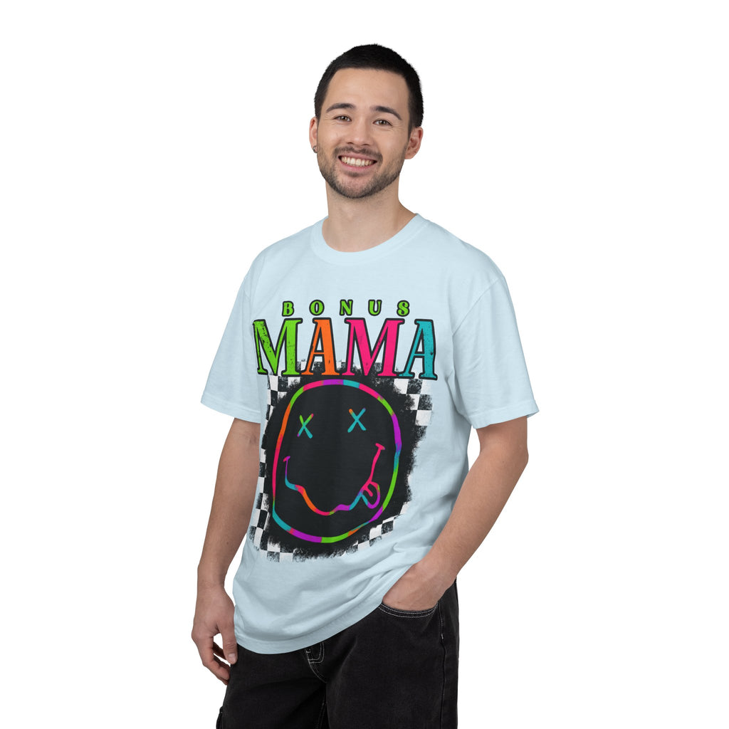 Bonus Mama Graphic T-Shirt — Neon Smiley Checkerboard Retro Tee