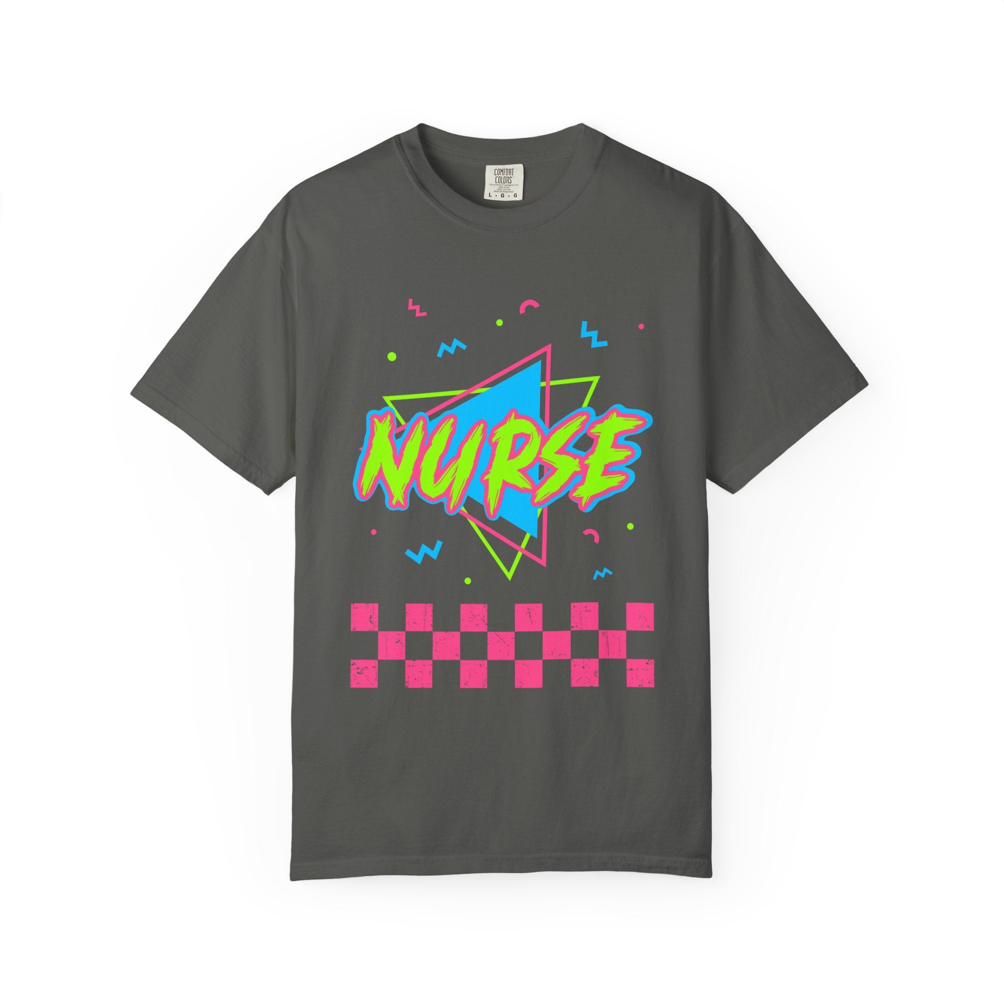 Nurse Retro 90s Graphic T-Shirt — Neon Checkerboard Medical Tee